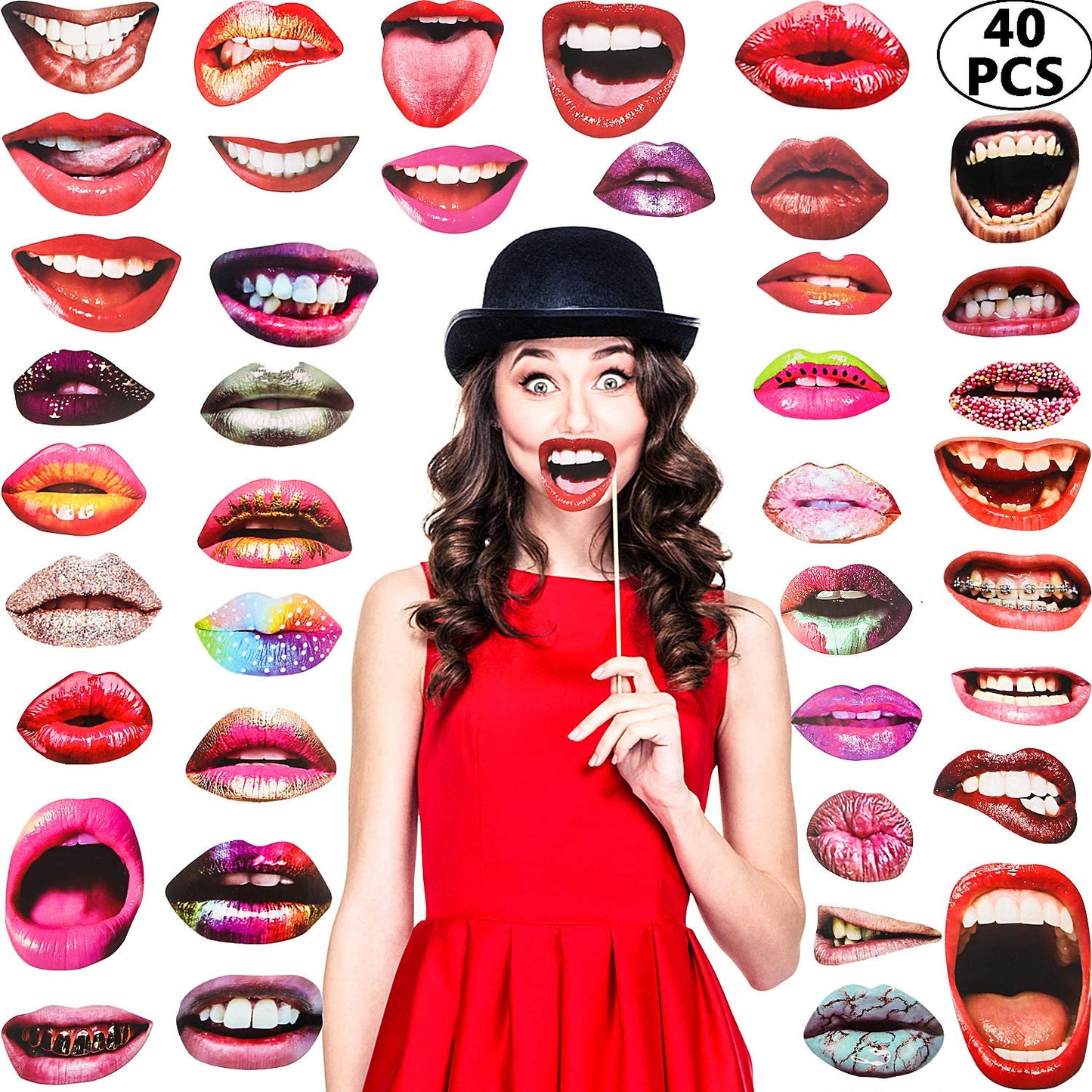 Gejoy 40 Pcs Graduation Photo Booth Props DIY Kit Funny Selfie Props Accessories Funny Mouth Lips Party Photo Booth Prop for Grad Wedding Prom Party Supplies Favors with Wood Stick