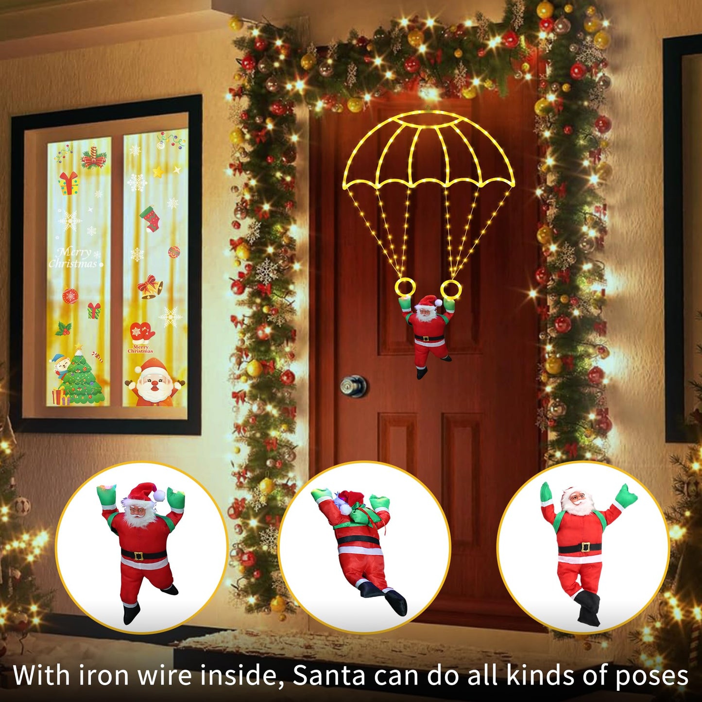 Christmas Decorations Lights Outdoor, 2.8FT Christmas Parachute Lights with Santa Claus, Waterproof 8 Modes Hanging Warm White Xmas Light - Holiday Decorative Light for Indoor Eave Roof