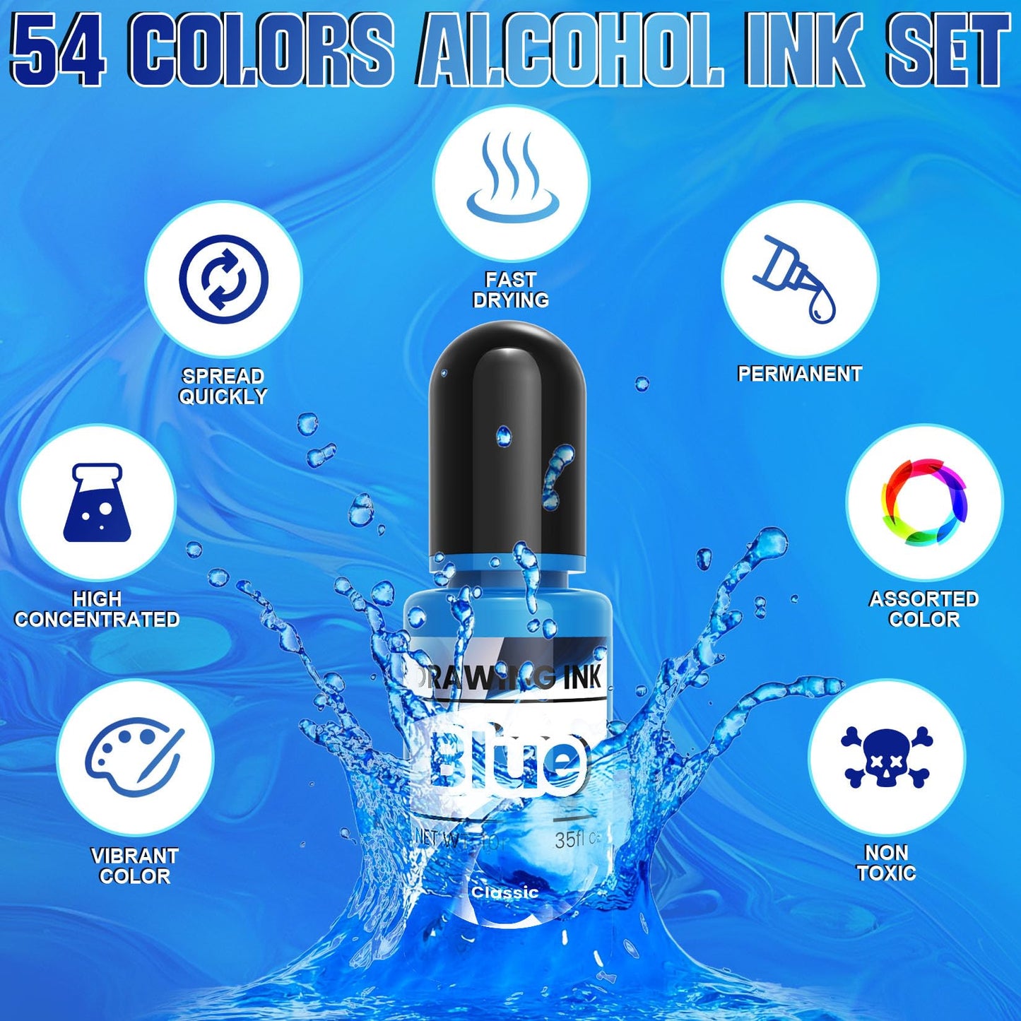 Alcohol Ink - 54 Vibrant Colors Alcohol Ink Set for Epoxy Resin, Pearl Colors Long Last Epoxy Dye for Resin Art, Tumblers, Petri Dish Making, Painting - Safe and Non Toxic - 10ml