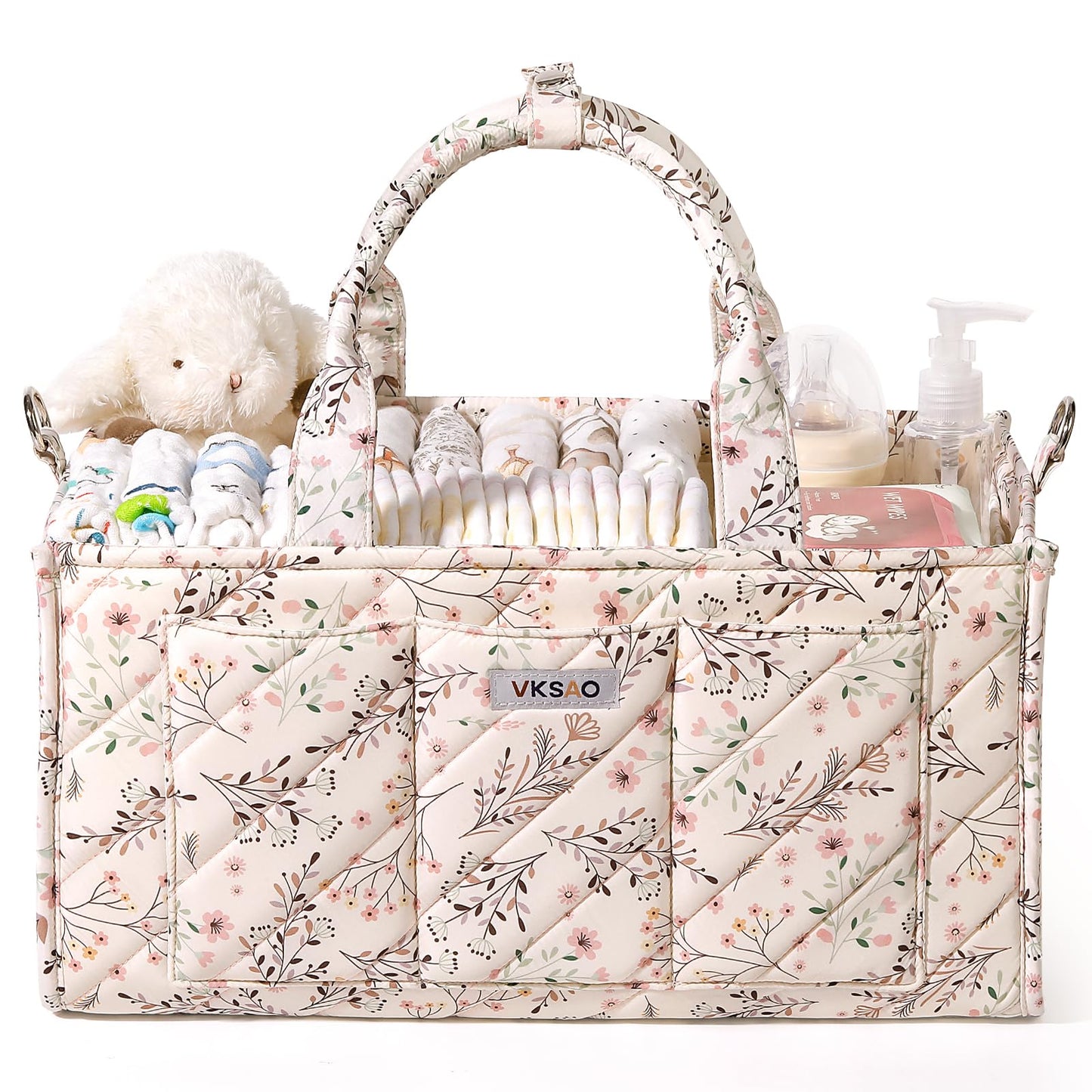 VKSAO Baby Essentials Cute Floral Diaper Caddy Organizer – Portable Storage Basket with Shoulder Strap & Stroller Hooks, Splashproof Quilted Nursery & Car Tote for Baby Shower, Beige Floral