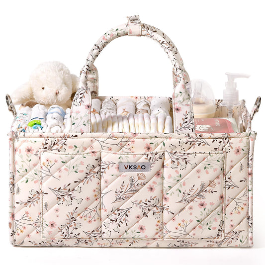 VKSAO Baby Essentials Cute Floral Diaper Caddy Organizer – Portable Storage Basket with Shoulder Strap & Stroller Hooks, Splashproof Quilted Nursery & Car Tote for Baby Shower, Beige Floral