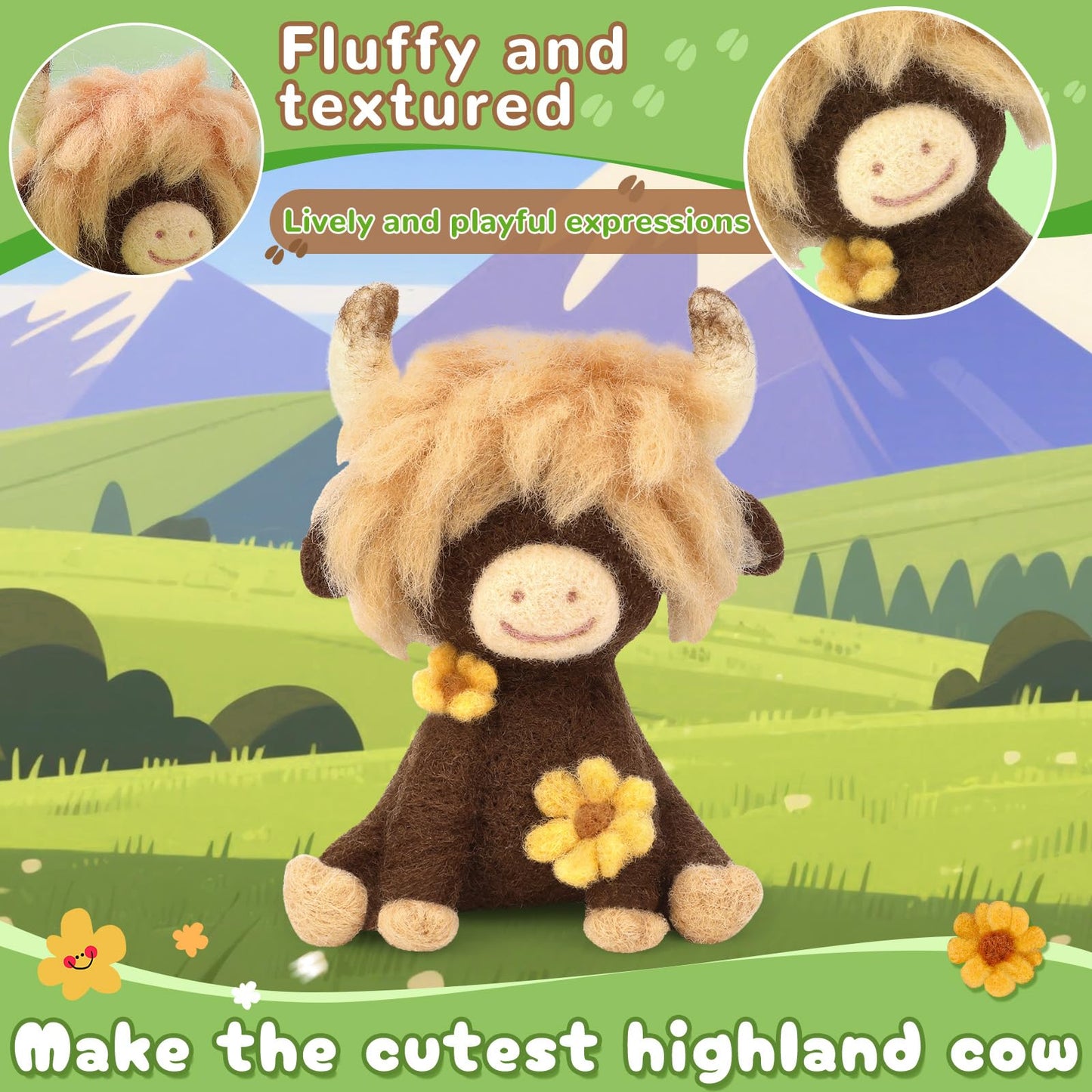 Needle Felting Kit, Highland Cow Needle Felt Beginner Kits with Instruction, Wool, Felting Needles, Felting Pad, Wool Felting Kit for Beginners Home Decoration