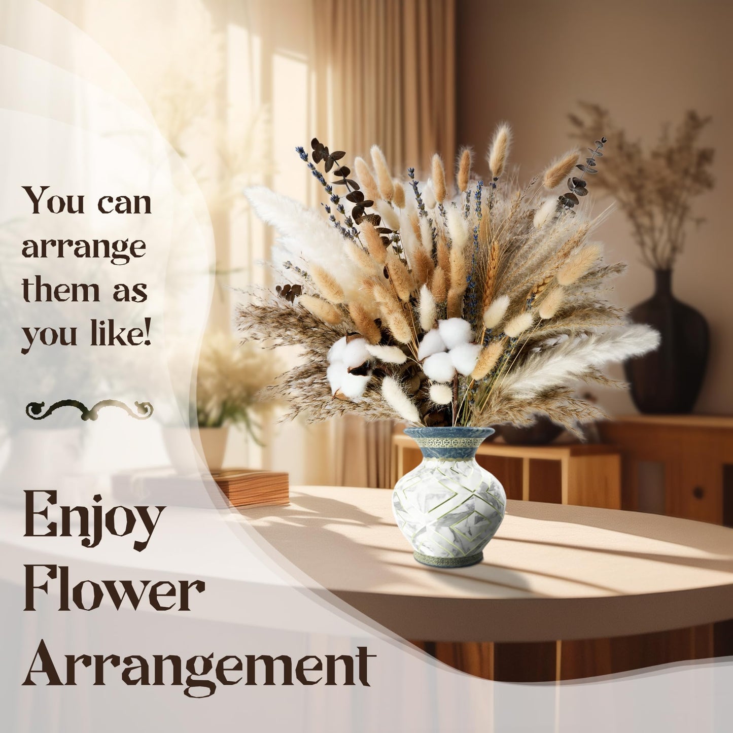 Natural Dried Flower Bouquet - Pampas Grass, Cotton Stems, Bunny Tails, Eucalyptus, Lavender & Wheat - Rustic Boho Decor for Home, Fall Decorations for Home, Wedding, or Gift