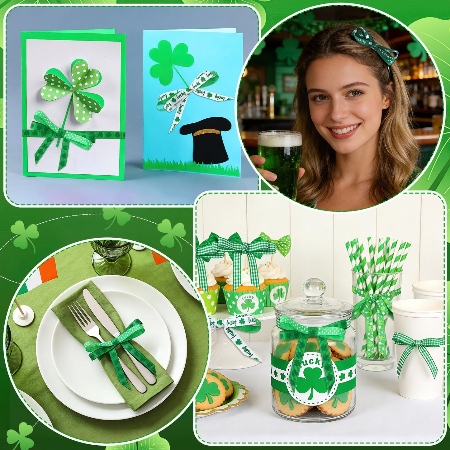 St Patrick's Day Ribbon 6 Rolls 60 Yards Shamrock Grosgrain Ribbon for Craft 10mm Wide Lucky Clover Ribbons for Irish Holiday Gift Wrapping Hair Bow Sewing Home Party Decoration