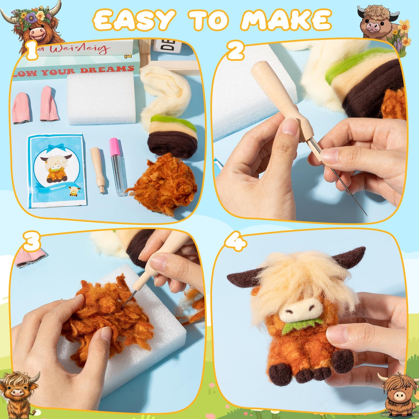 Highland Cow Needle Felting Kit - Set of 3 Different Highland Cow Doll Wool Felt Needle Felting Tools Foam Pad, DIY Home Decoration Needle Felting Craft Party Supplies for Beginners