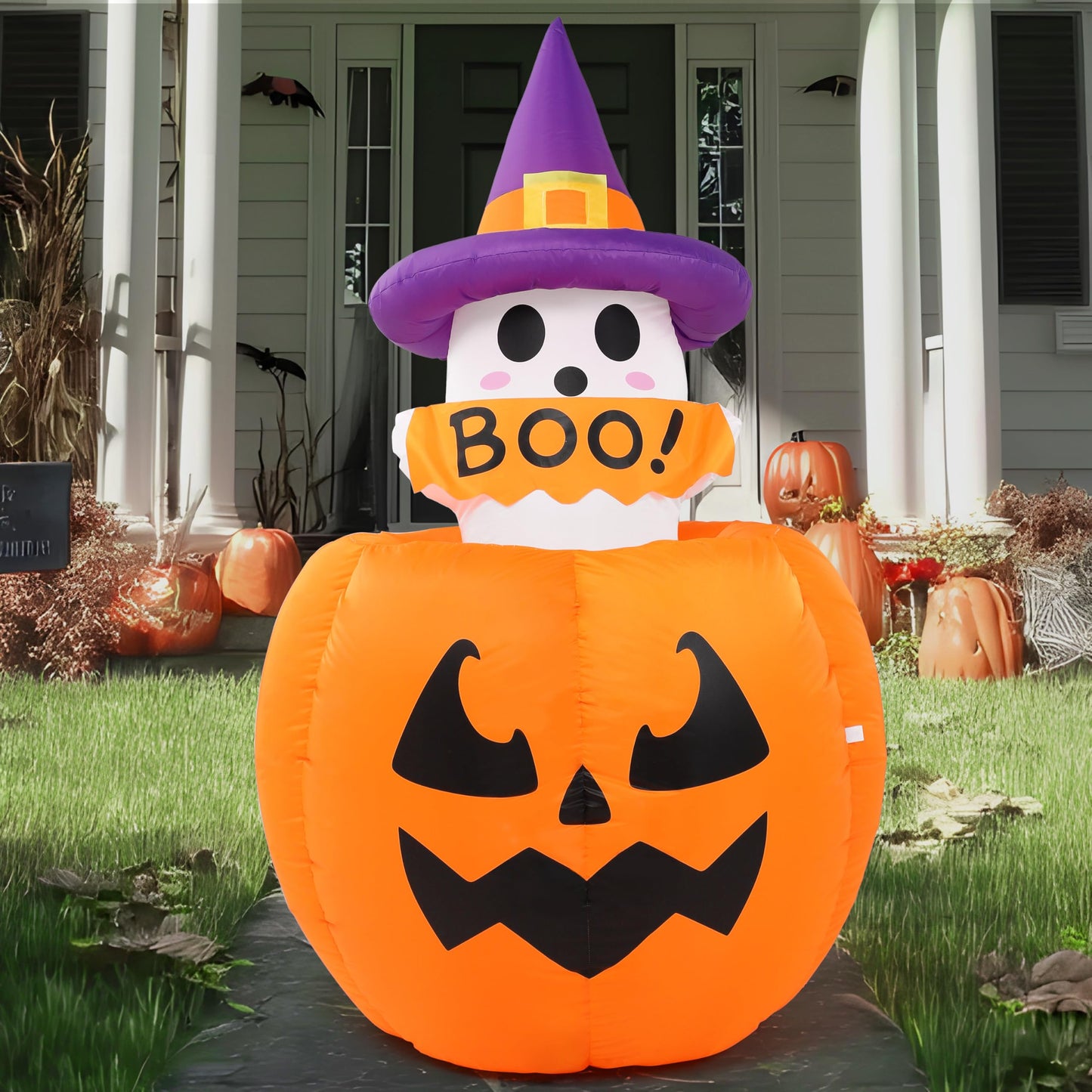 5ft Tall Halloween Animated Inflatables Outdoor Decorations, Inflatable Ghost on Pumpkin with LEDs, Cute Blow Up Pumpkin Ghost Decor for Outside Yard Outdoor Lawn Garden Party Decoration