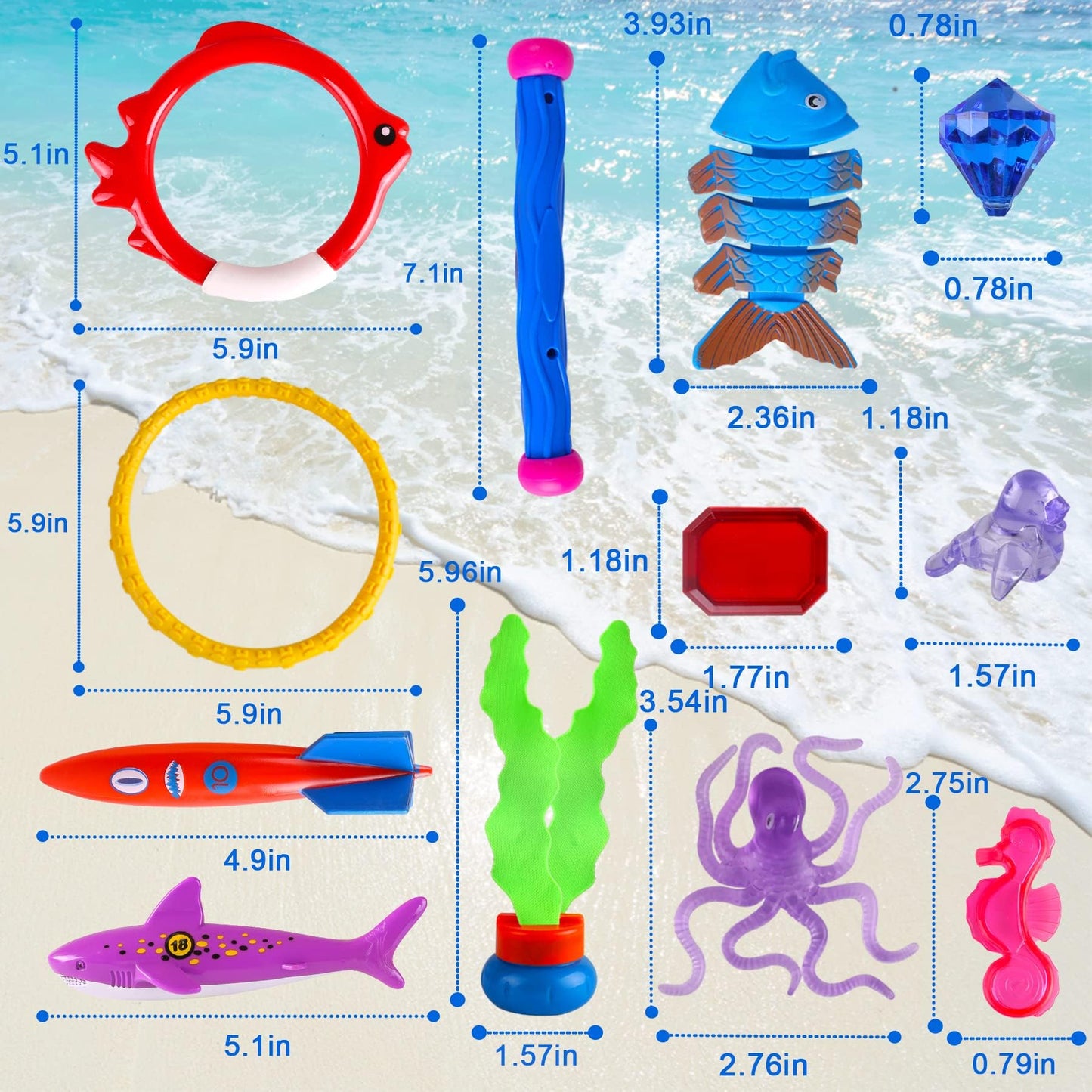 Woplagyreat 40 Pack Summer Pool Diving Toys for Kids Ages 3-12, Fun Swimming Games Sinking Toy Set, Underwater Gifts with Storage Bag Include Gems Shark Rings Sea Animals for Boys Girls