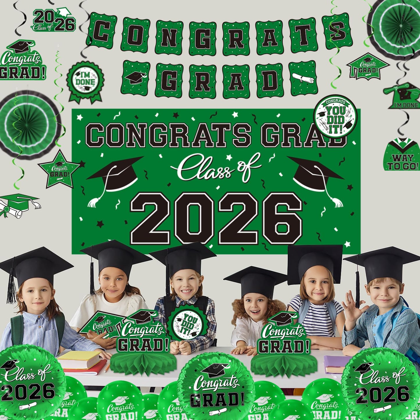 Green Themed 2026 Graduation Decorations Set - Congrats Grad Banner, Class of 2026 Backdrop, Balloons & Streamers Kit - Complete Party Supplies for High School & College Celebrations