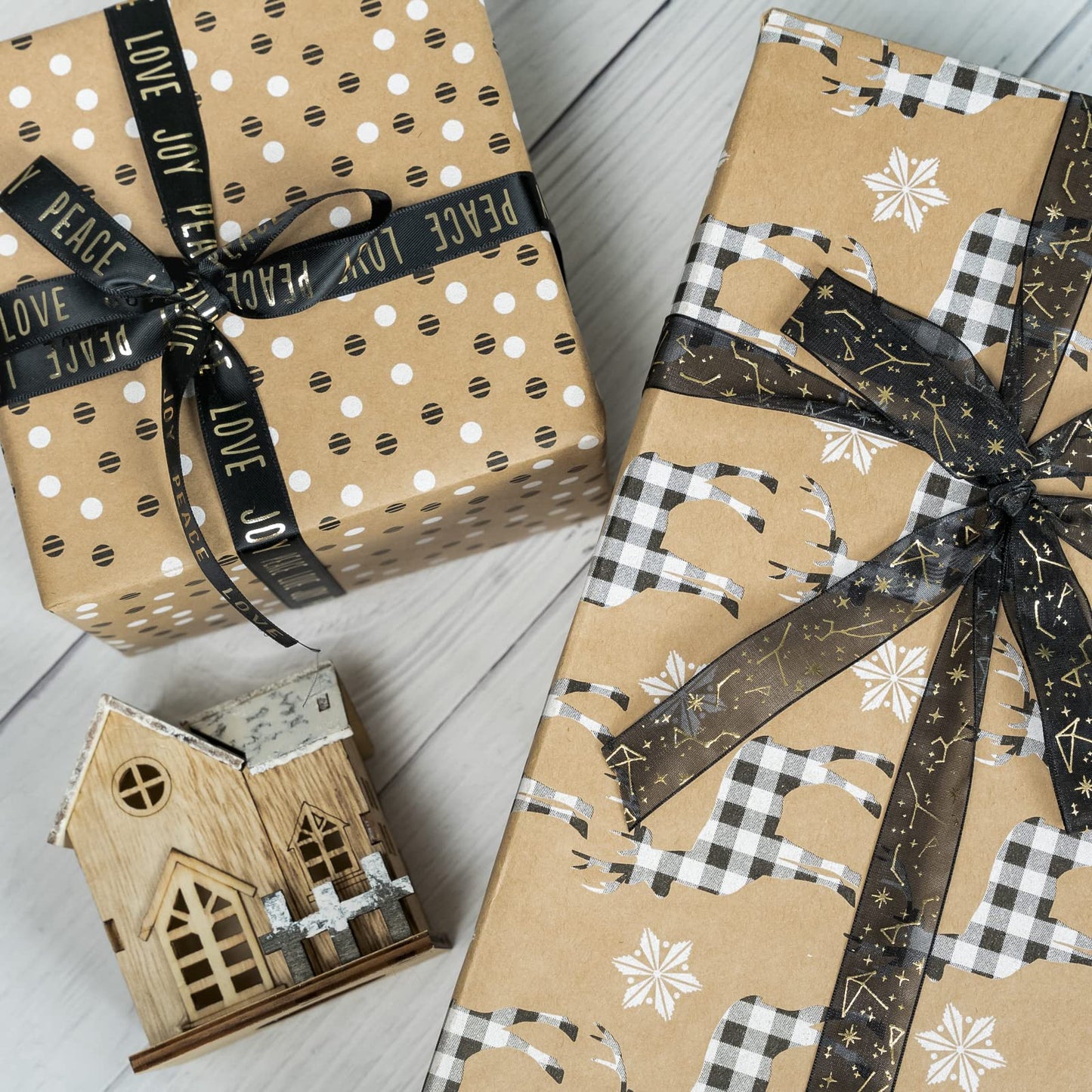 Christmas Wrapping Paper, Kraft Paper - Deer, Snowflake and Plaid Style Designs - 4 Rolls - 30 inches x 10 feet per Roll