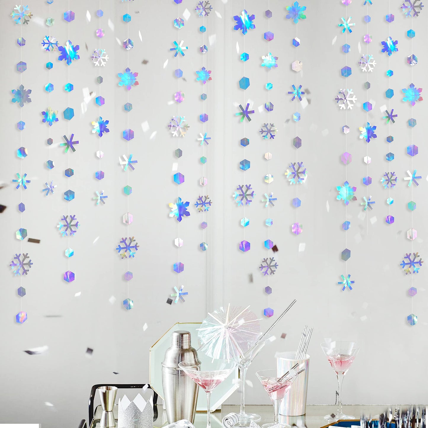 Clearance 52Ft Winter Wonderland Party Decoration Iridescent Snowflake Garland Holographic Paper Snowflake Streamer for Winter Onederland Christmas Frozen Birthday Wedding Bridal Shower Party Supplies