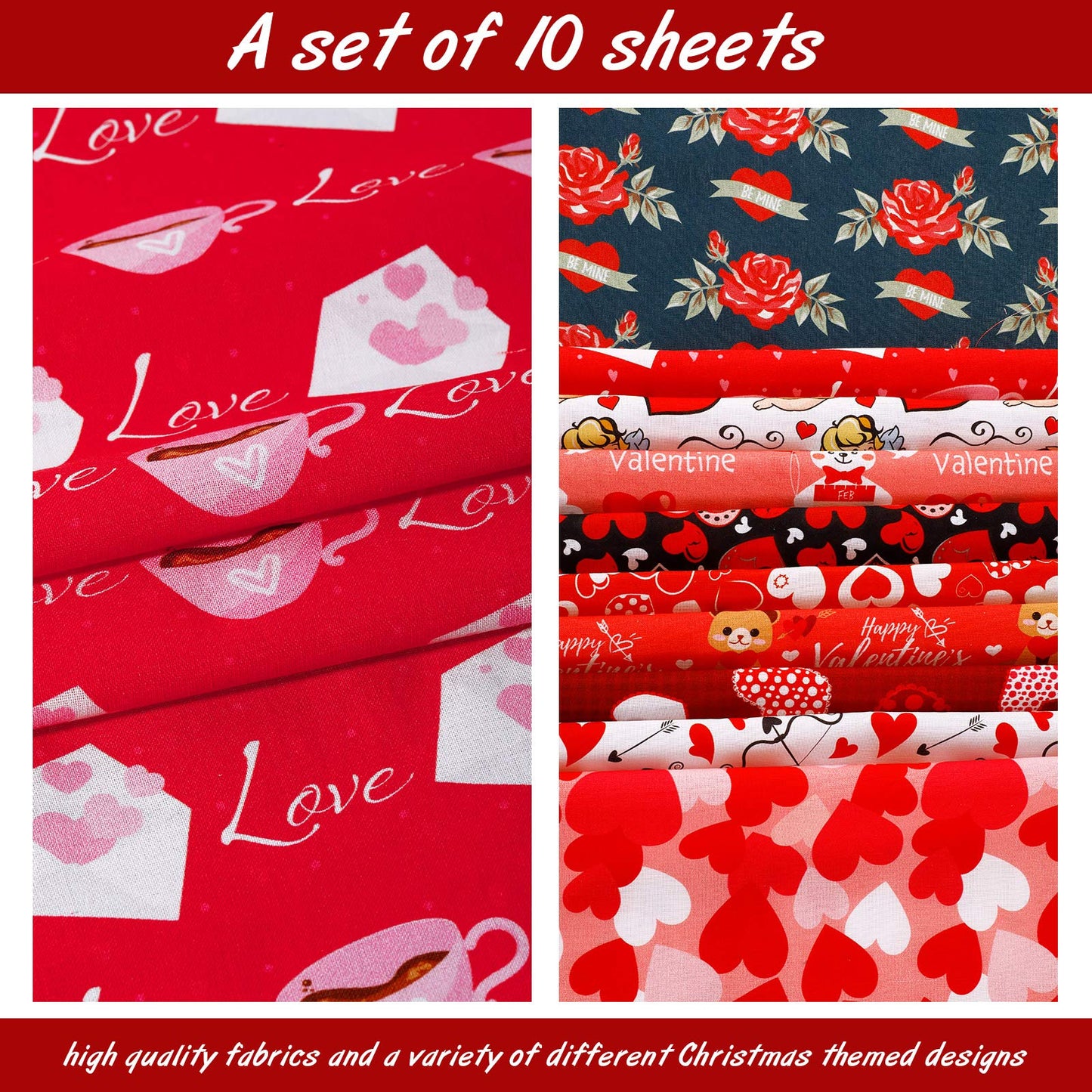 10 Pieces Valentine's Day Fabric 18 x 22 Inch Heart Fat Quarters Printed Red Love Sewing Bundles Precut Quilting Patchwork DIY Fabric Scraps for Valentine's Day DIY Craft