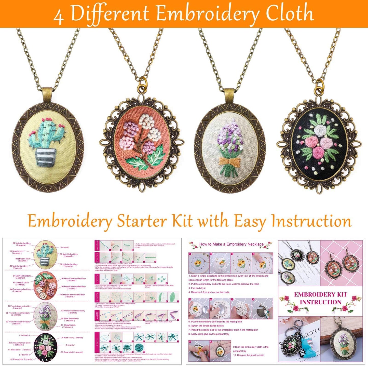 4 Packs Embroidery Kit for Beginners, Shynek 26 Pcs Mini Cross Stitch Kits includes Stamped Embroidery Clothes with Flowers Pattern Embroidery Necklace Pendant Embroidery Hoops and Necklace Chains