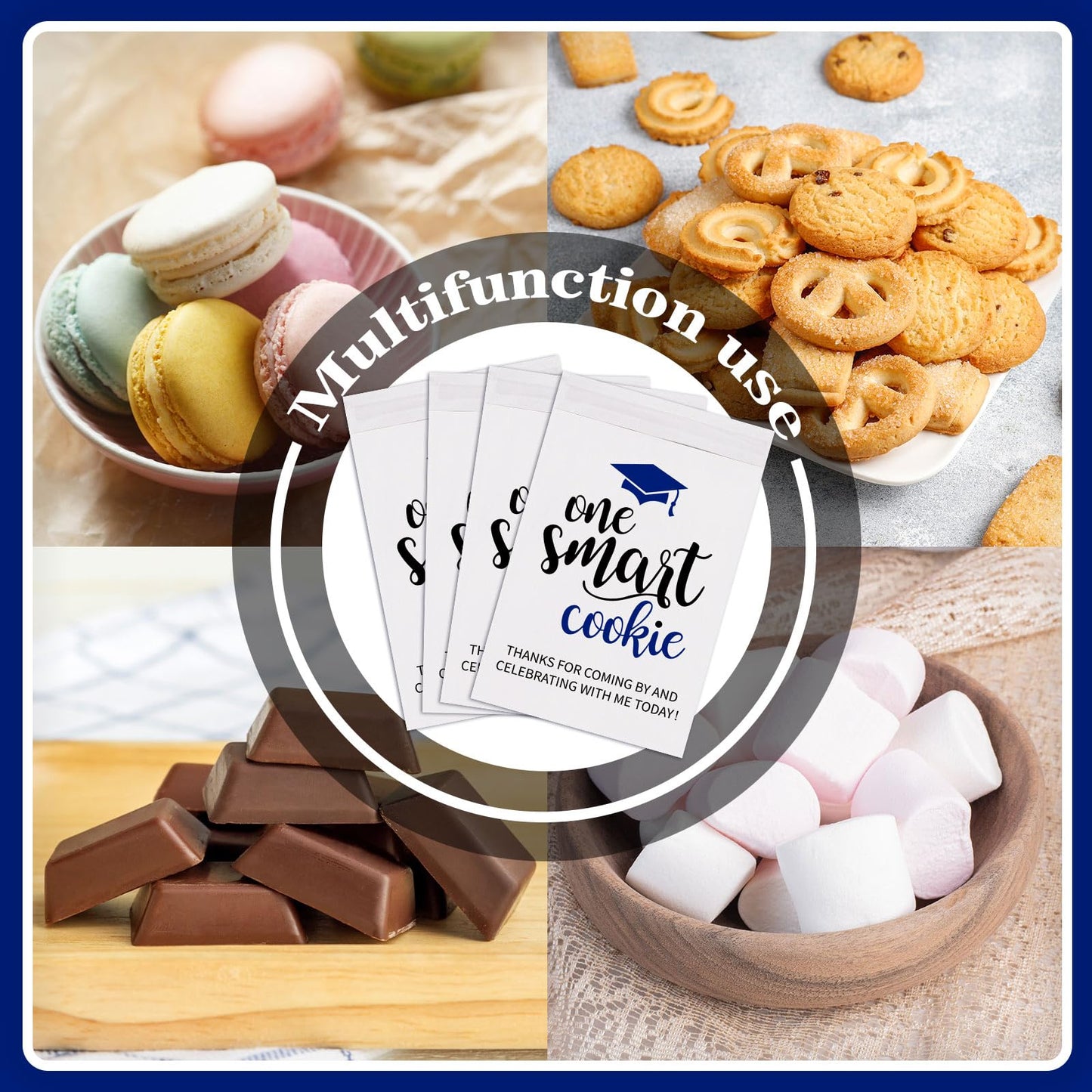 Whaline 100 Pcs 2026 Graduation Cookie Treat Bags White-Blue One Smart Cookie Self Adhesive Buffet Paper Bags for Congrats Grad School Party Supplies, 5.1 x 7.1 Inch