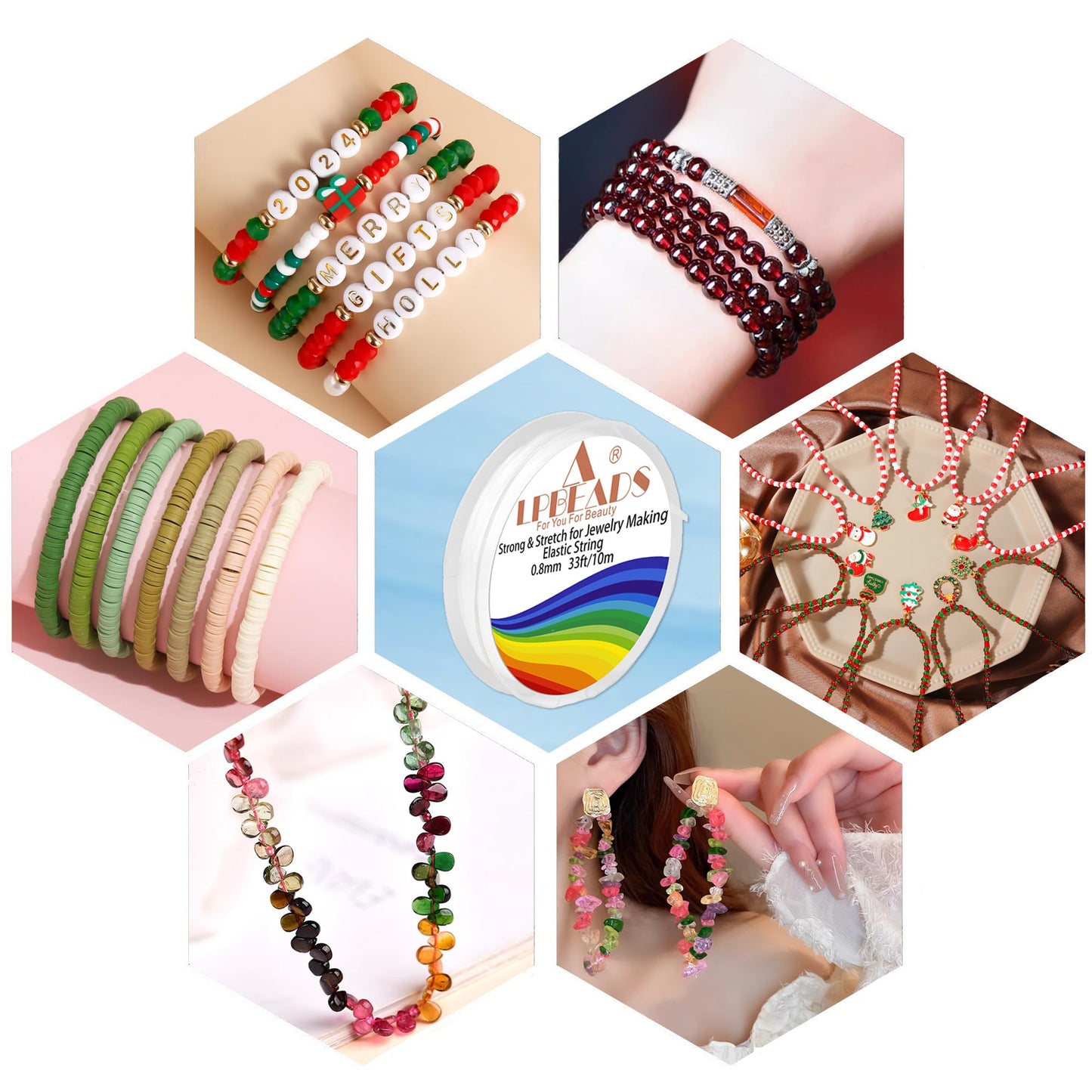 LPBeads 12 Rolls 0.8mm Elastic Stretchy String Cord for Bracelet Jewelry Making with Beading Needles and Ruler