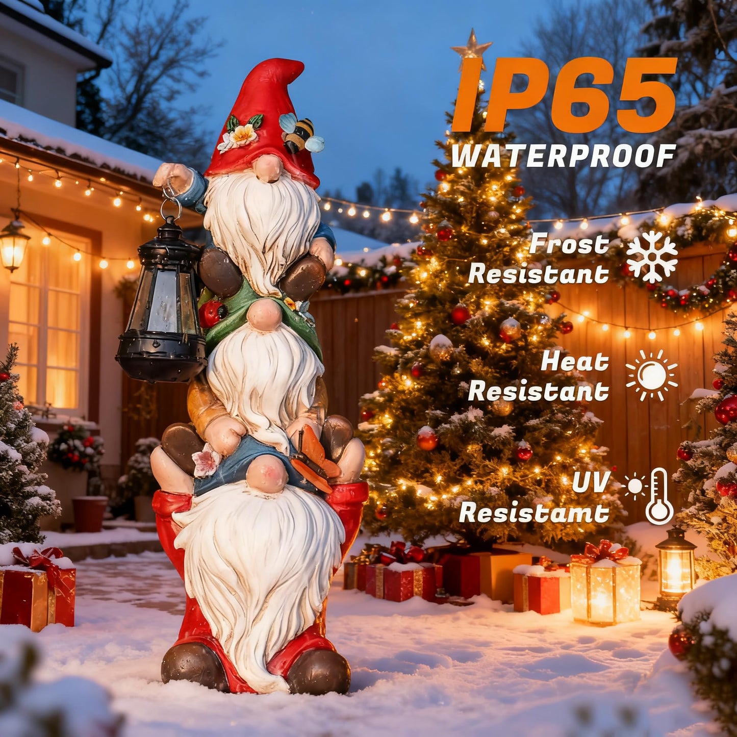 Christmas Gnome Statue with Solar Lights Garden Sculptures Funny Triple Gnome Outdoor Patio Lawn Yard Balcony Home Decor Birthday Gift for Woman Grandma 12 in Garden Gnome