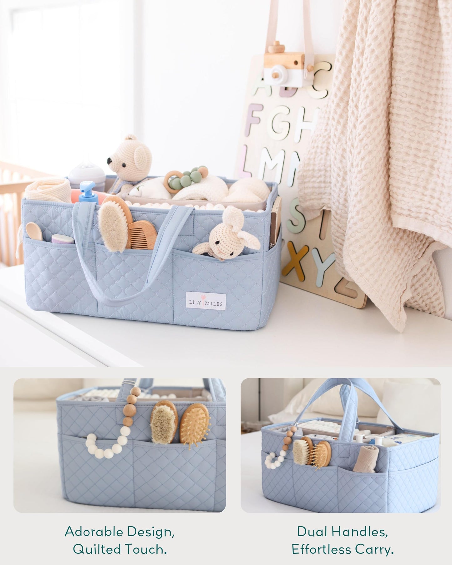 Lily Miles Baby Diaper Caddy Organizer, Quilted Nursery Storage Organizer for Newborn Essentials and Diaper Changing Station, Gift for Baby Shower and Registry Must-Have (Baby Breeze)