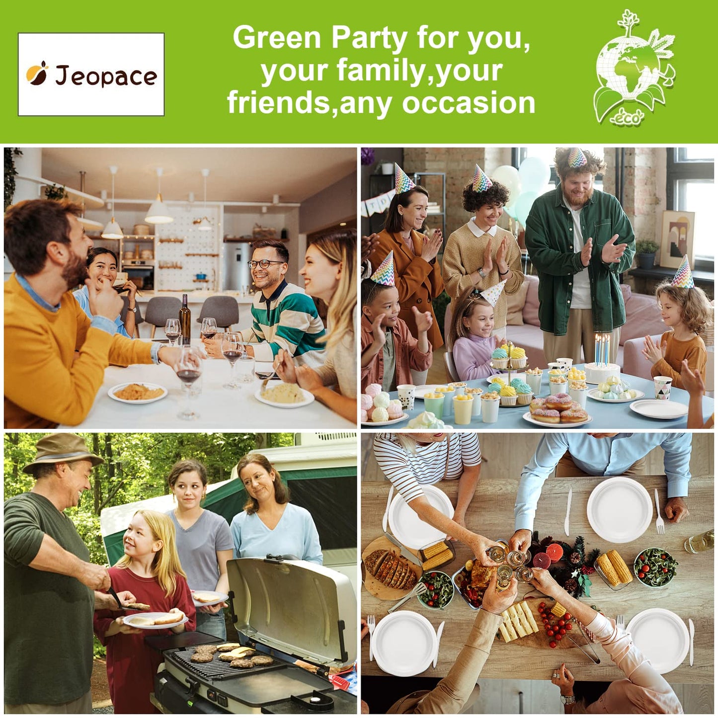 Jeopace Paper Plates Set 250PCS,Eco Paper Plates for Party,9 Inch and 7 Inch Sugarcane Bagasse Biodegradable Paper Plates,Cornstarch Forks,Knives and Spoons Plates Set for 50 People(White)