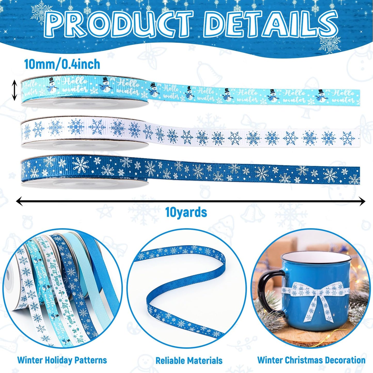6 Rolls 60 Yards Winter Ribbons for Gift Wrapping, Holiday Xmas Grosgrain Ribbons 10mm Wide Blue White Snowflake Snowman Craft Ribbons for Christmas Tree Decoration Wreaths Bows Craft Supplies