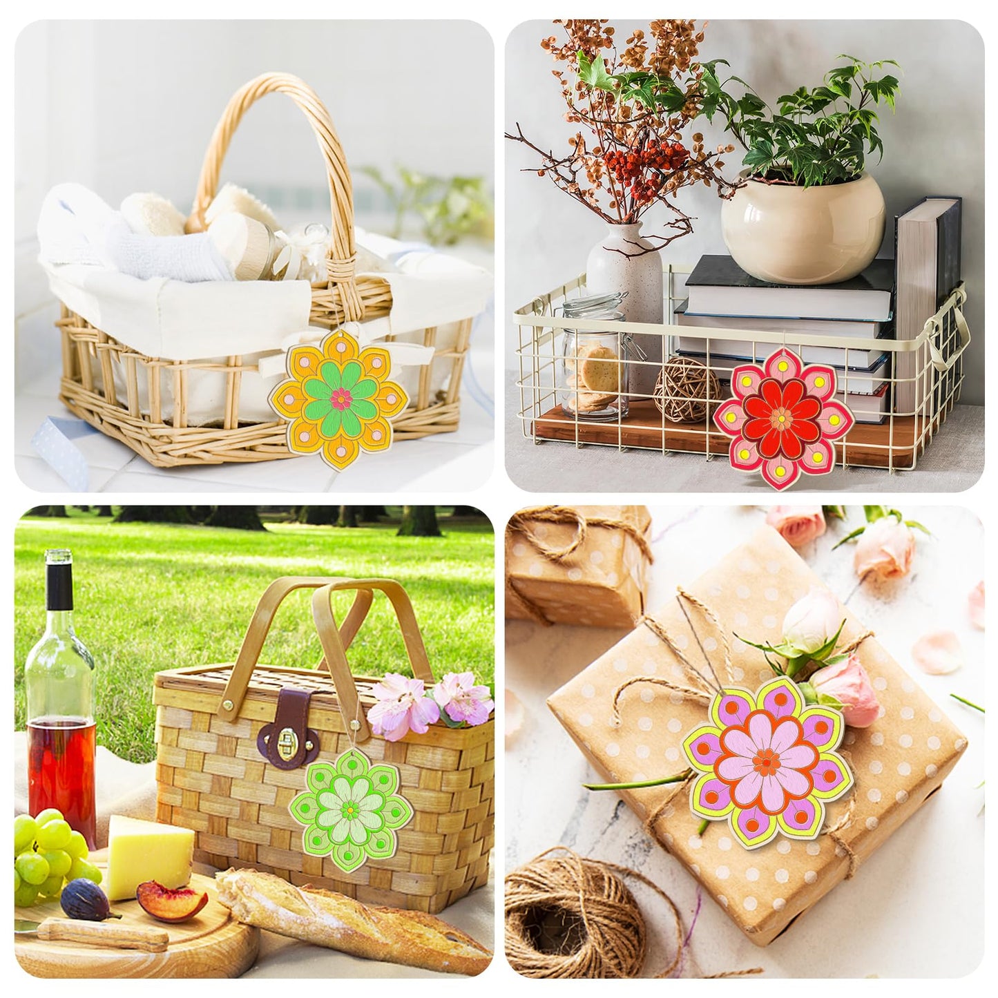 Wooden Flower Ornaments to Paint Easter Spring Decoration Cutouts Unfinished 24PCS 3.5 x 3 inches, DIY Blank Unfinished Christmas Tree Wood Discs Ornament for Home Crafts Hanging