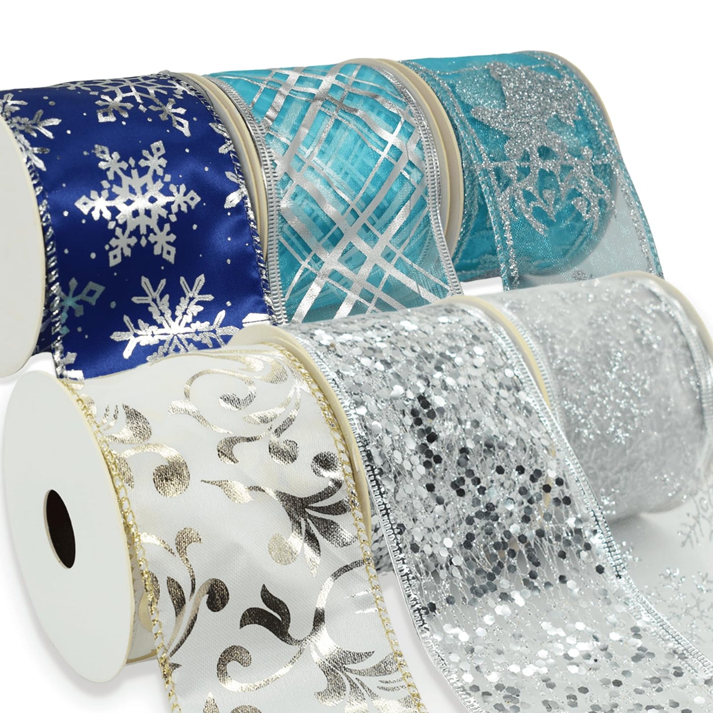 Christmas Ribbon Wired 2.5 Inches 6 Rolls 30 Yards Holiday Burlap Mesh Organza Glitter Ribbons for Christmas Tree Wreath Garland and Home Decor (Winter Blue & Silver)
