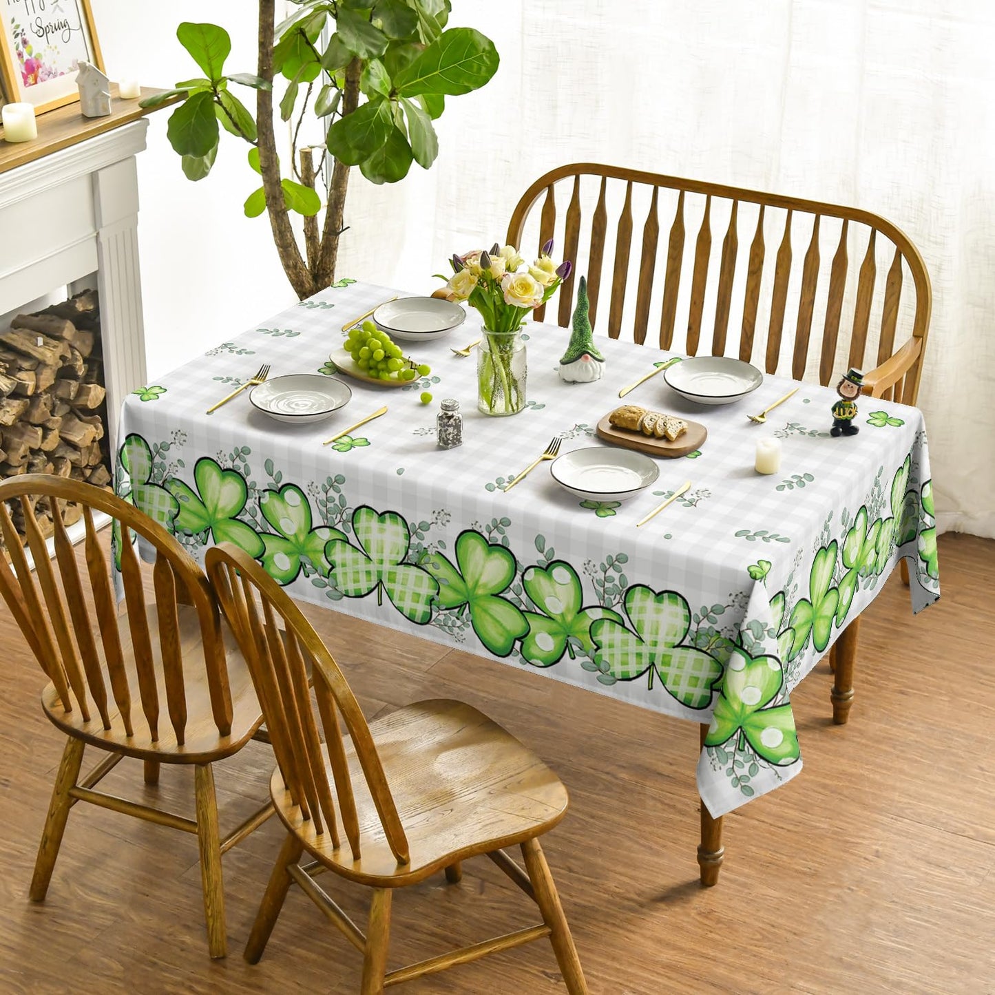 St. Patrick's Day Rectangular Tablecloth 60×84 Inch, Buffalo Plaid Shamrock Eucalyptus Washable Table Cover for Party Picnic Dinner Decor