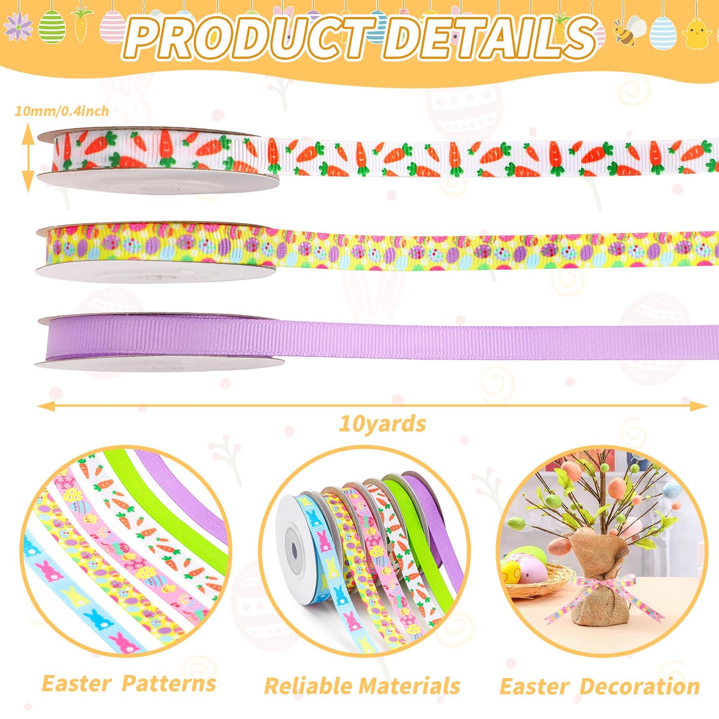 Easter Ribbon, 6 Rolls 60 Yards Grosgrain Ribbons 10 mm Wide Eggs Bunny Carrot Craft Ribbon for Gift Wrapping Easter Basket Wreaths Decoration