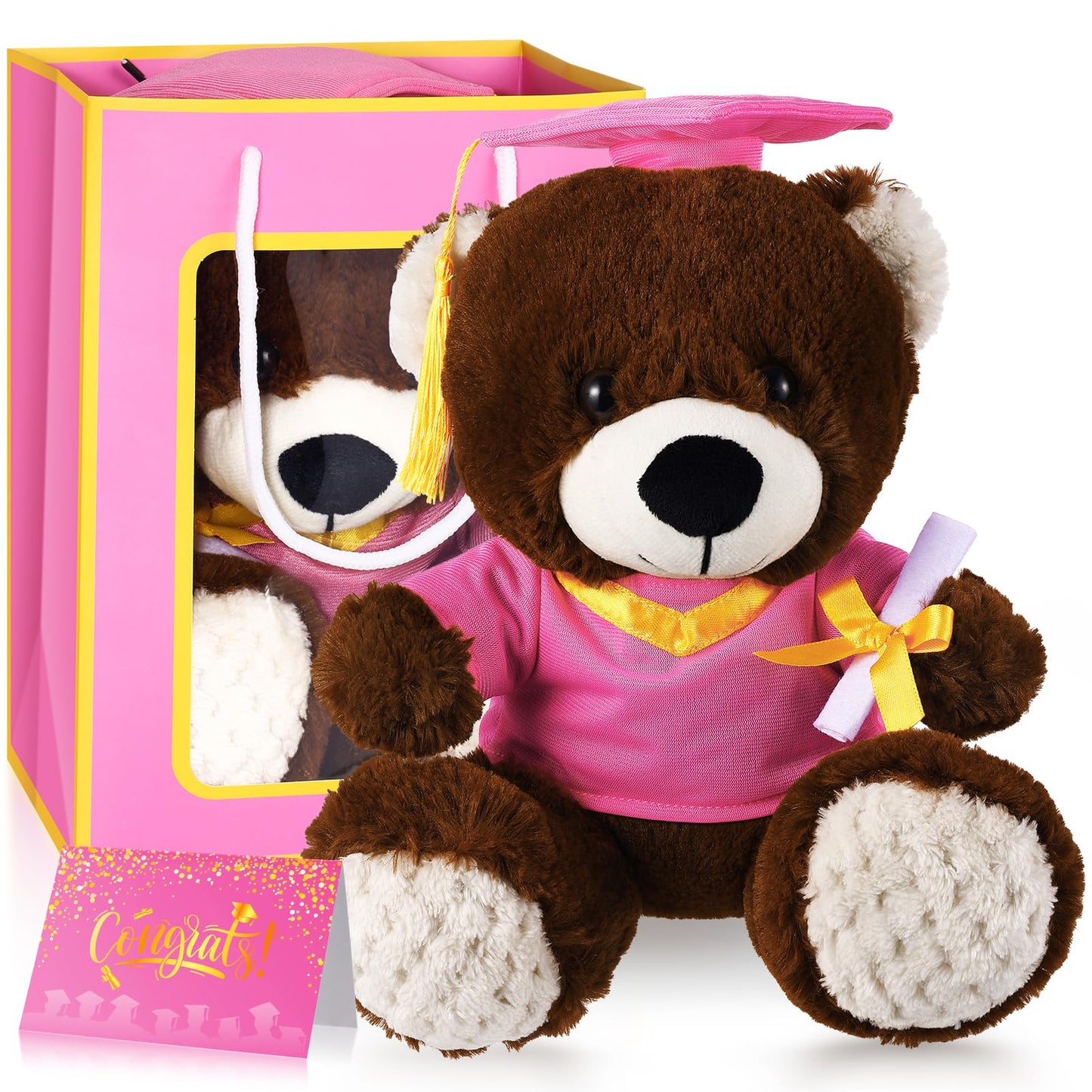 ZJoey Bear with Graduation Cap Toys Class of 2026 Plush Stuffed Teddy Bear Animal Dog Cap and Gown with Greeting Card and Bag for Graduation Day Gift(Pink)