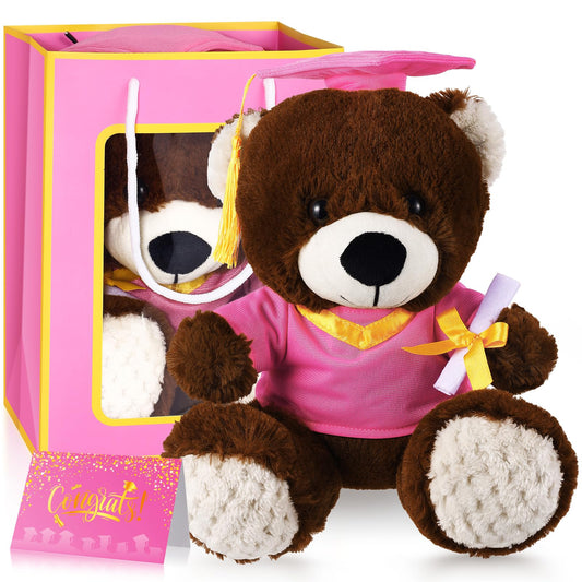 ZJoey Bear with Graduation Cap Toys Class of 2026 Plush Stuffed Teddy Bear Animal Dog Cap and Gown with Greeting Card and Bag for Graduation Day Gift(Pink)