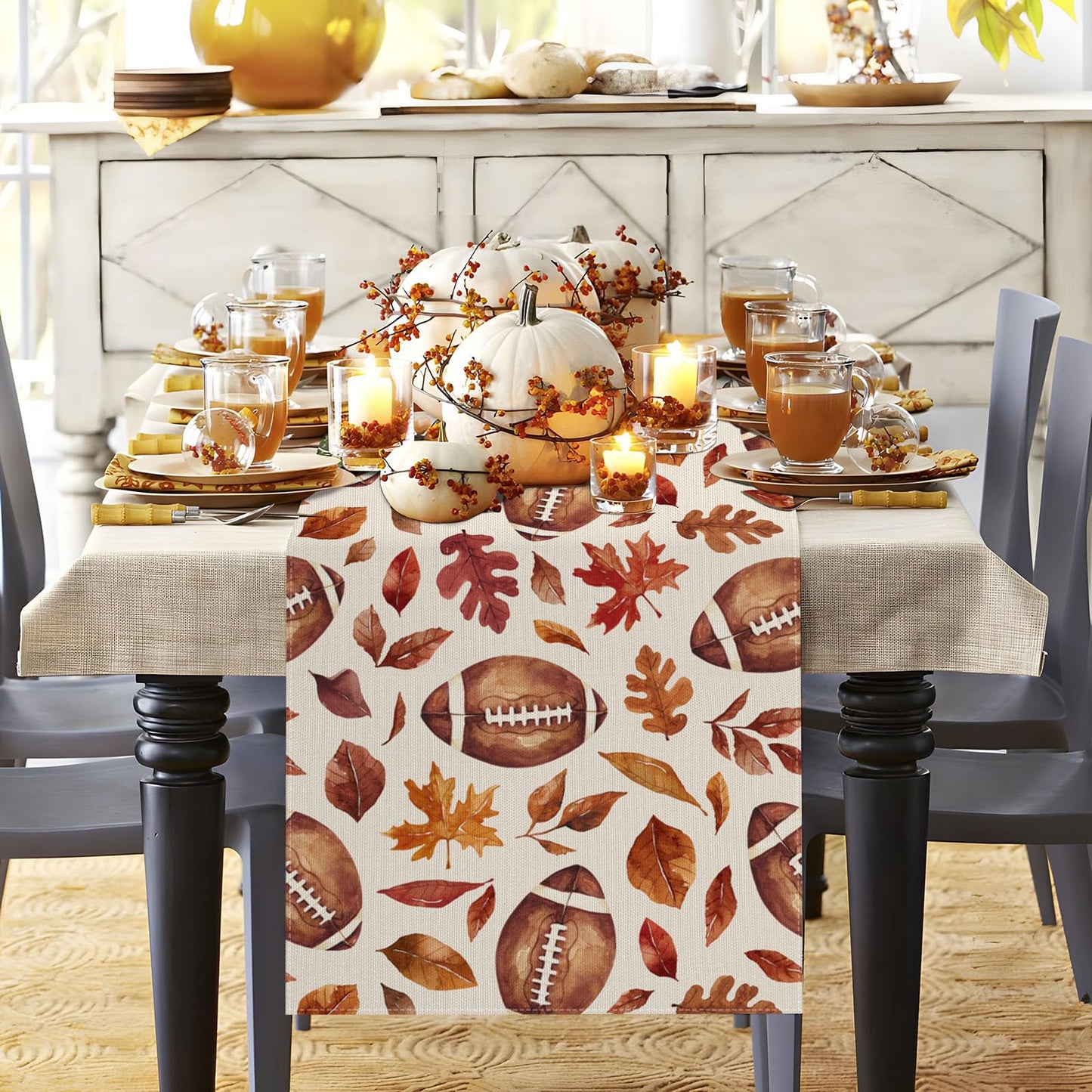 Fall Table Runner 13x72 Inch,Football with Maple Leaves Table Decors for Seasonal Harvest Autumn Thanksgiving Farmhouse Home Kitchen Dining Party