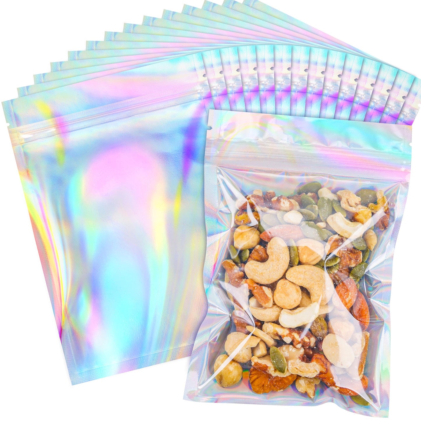 NPLUX Holographic Mylar Bags Resealable Smell Proof Bags for Lip Gloss, Jewelry, Lash Candy and More - Small Business Packaging Supplies(100PACK, 5.5x8INCH)