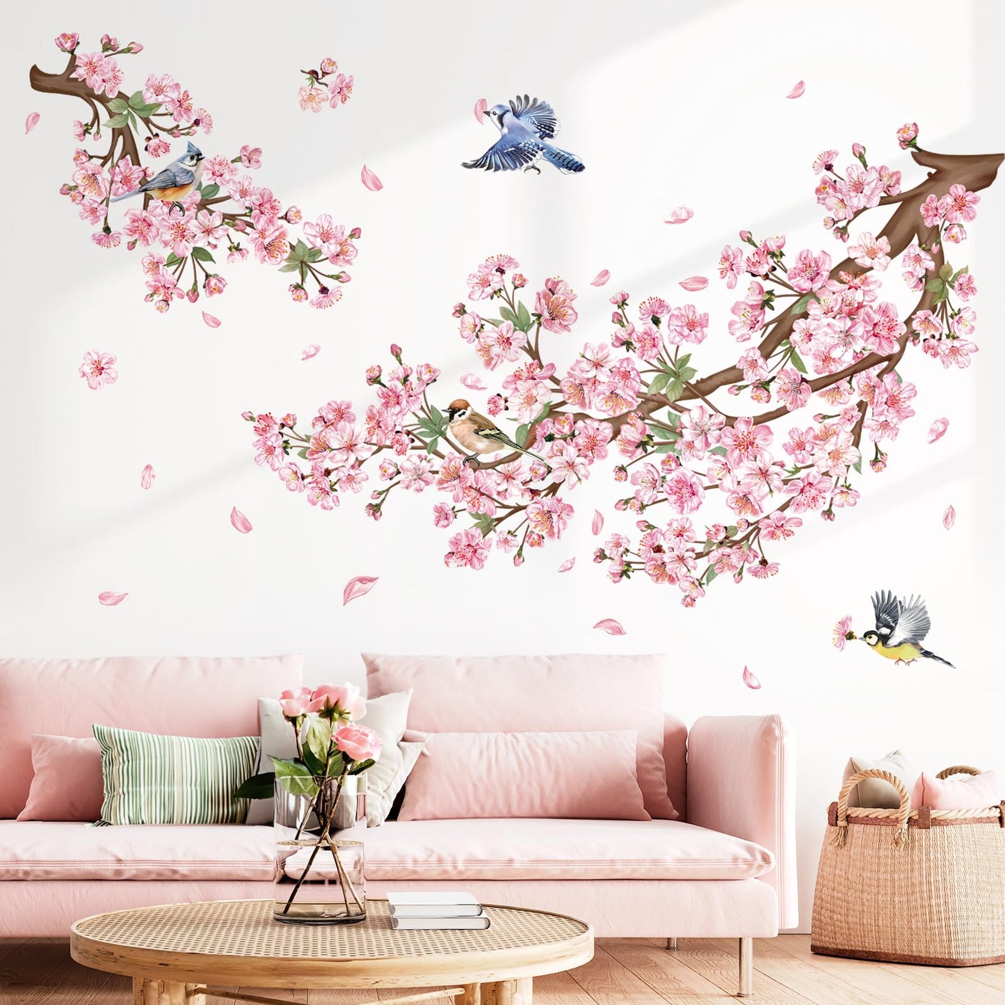 decalmile Cherry Blossom Branch Wall Decals Pink Floral Birds Wall Stickers Bedroom Living Room Sofa TV Background Wall Decor