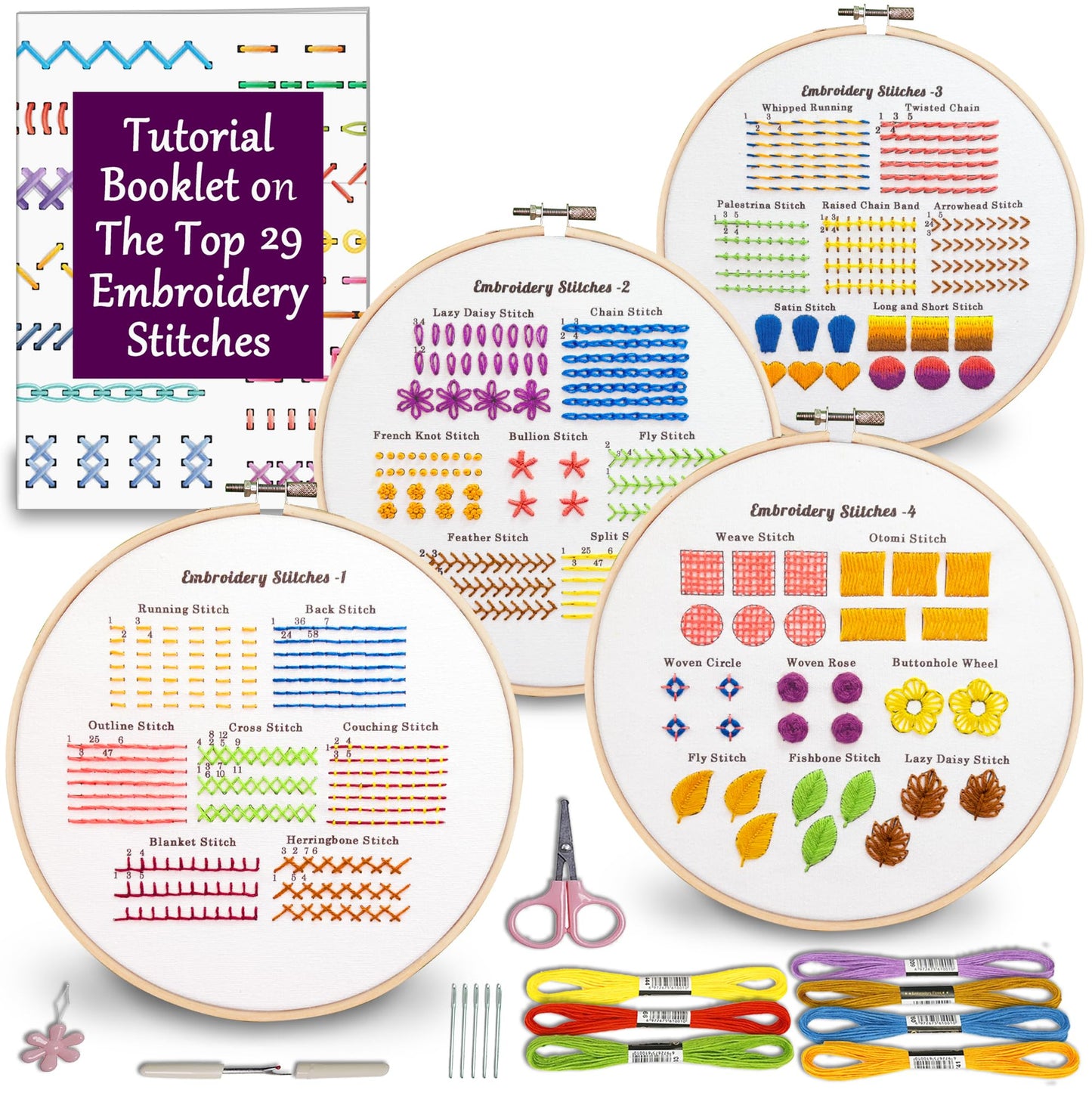 Bradove Classic Embroidery Stitches Practice Kit, Embroidery Kit for Beginners with Stamped Embroidery Patterns, Beginner Embroidery Kit for Adults, Hand Embroidery Kit for Kids, Stitches Kit