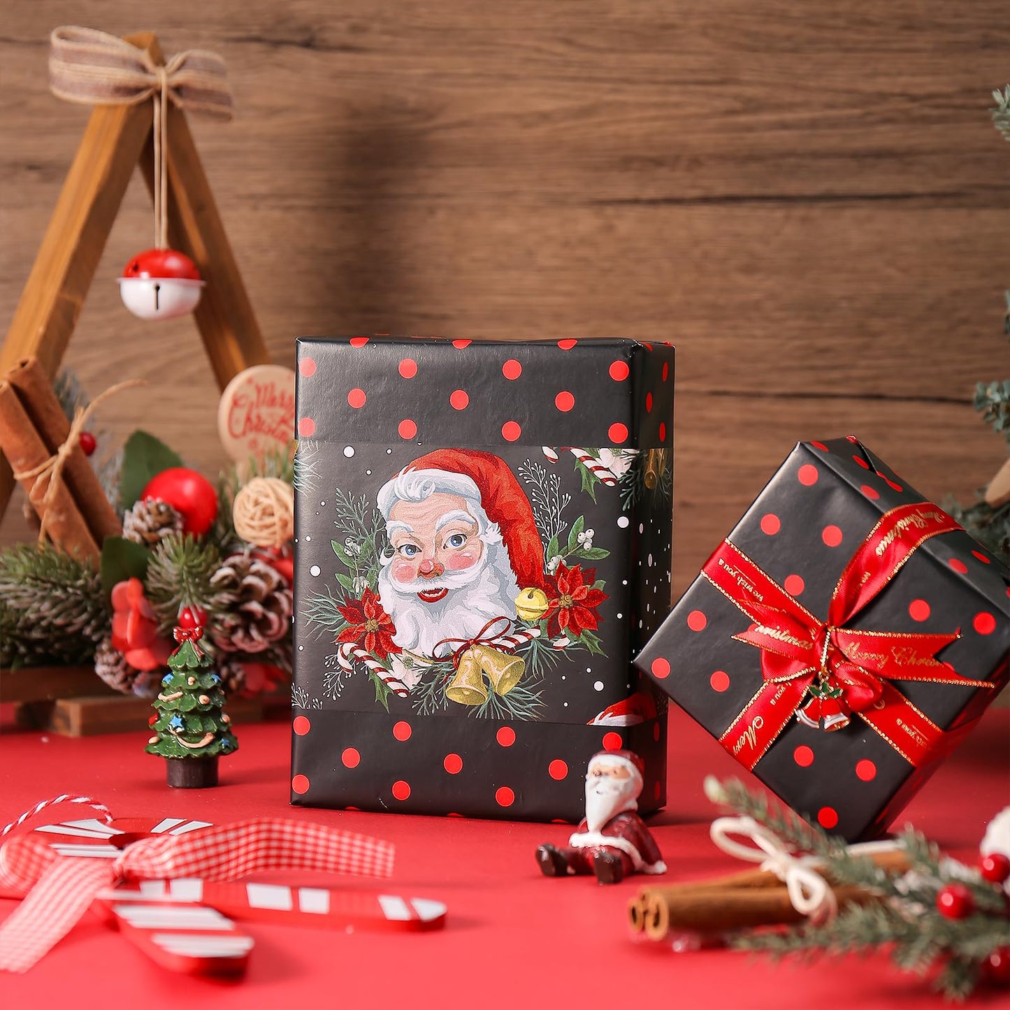 Christmas Reversible Wrapping Paper Roll for Women Men, Mini Roll, Vintage Santa Claus and Red Polka Dot Design, Black Gift Wrap for Christmas Party, Holiday Gifts, 17 Inches x 32.8 Feet