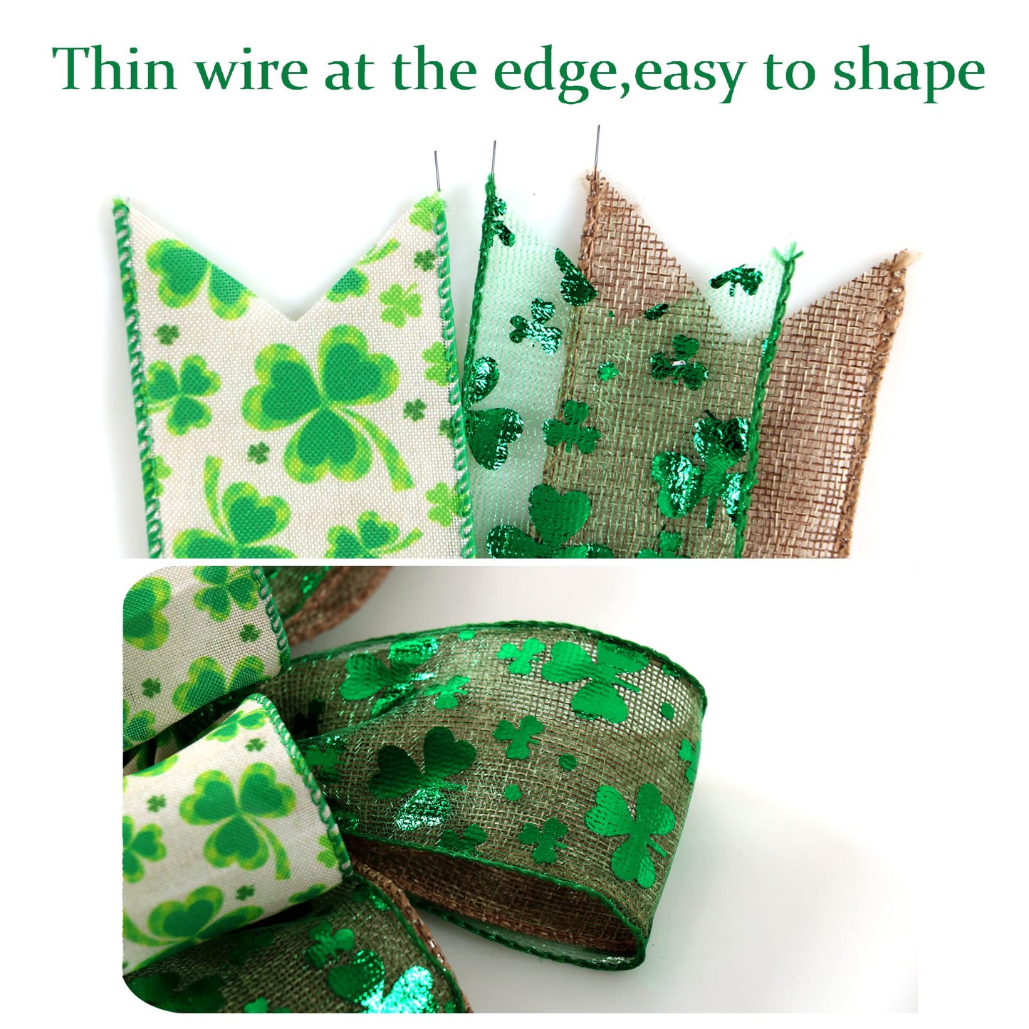 St Patricks Day Bow for Wreath Decorations,St Patricks Day Tree Topper Bows,Large Burlap White Green Glitter Shamrock Bowknot Irish Holiday Crafts Bows for Front Door Outdoor Outside