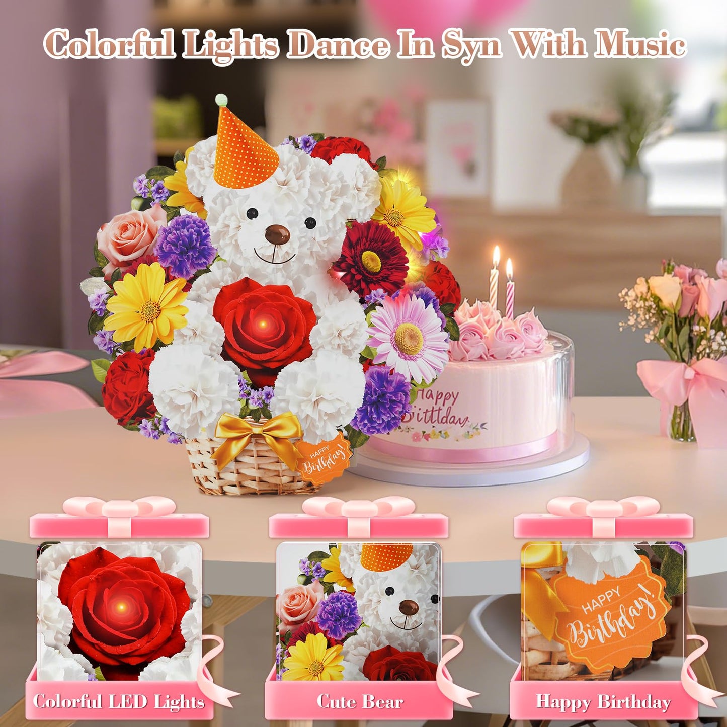 MZD8391 Birthday Cards with MUSIC & LIGHTS, Happy Birthday Card, Bear & Daisy, 10 Inch Life Sized Forever Flower Bouquet 3D Pop Up Greeting Card for Wife Mom Daughter Grandma Women