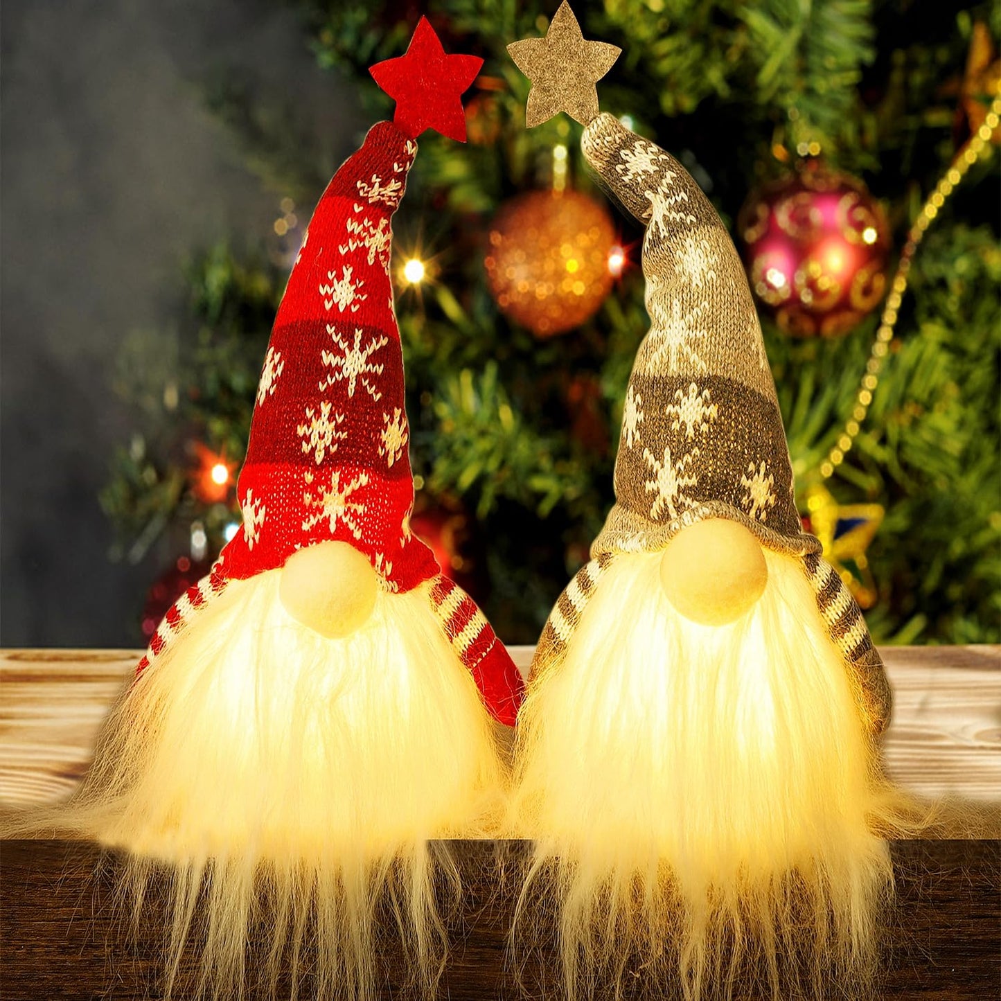 15" Lighted Christmas Gnome, Handmade Plush Scandinavian Swedish Tomte, Light Up Elf Toy Holiday Present, Battery Operated Winter Tabletop Christmas Decorations, 2 Set