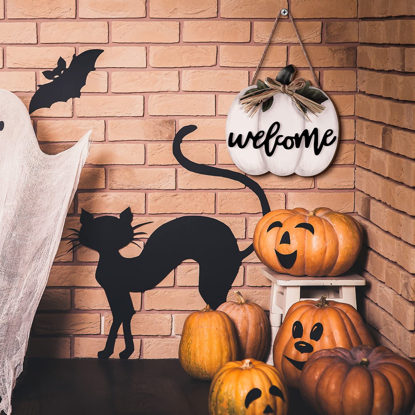 Jetec Fall Decor Pumpkin Welcome Sign Thanksgiving Door Hanger Wooden Pumpkin Decor Hanging Porch Sign for Autumn Harvest Thanksgiving Farmhouse Wall Decoration(White)
