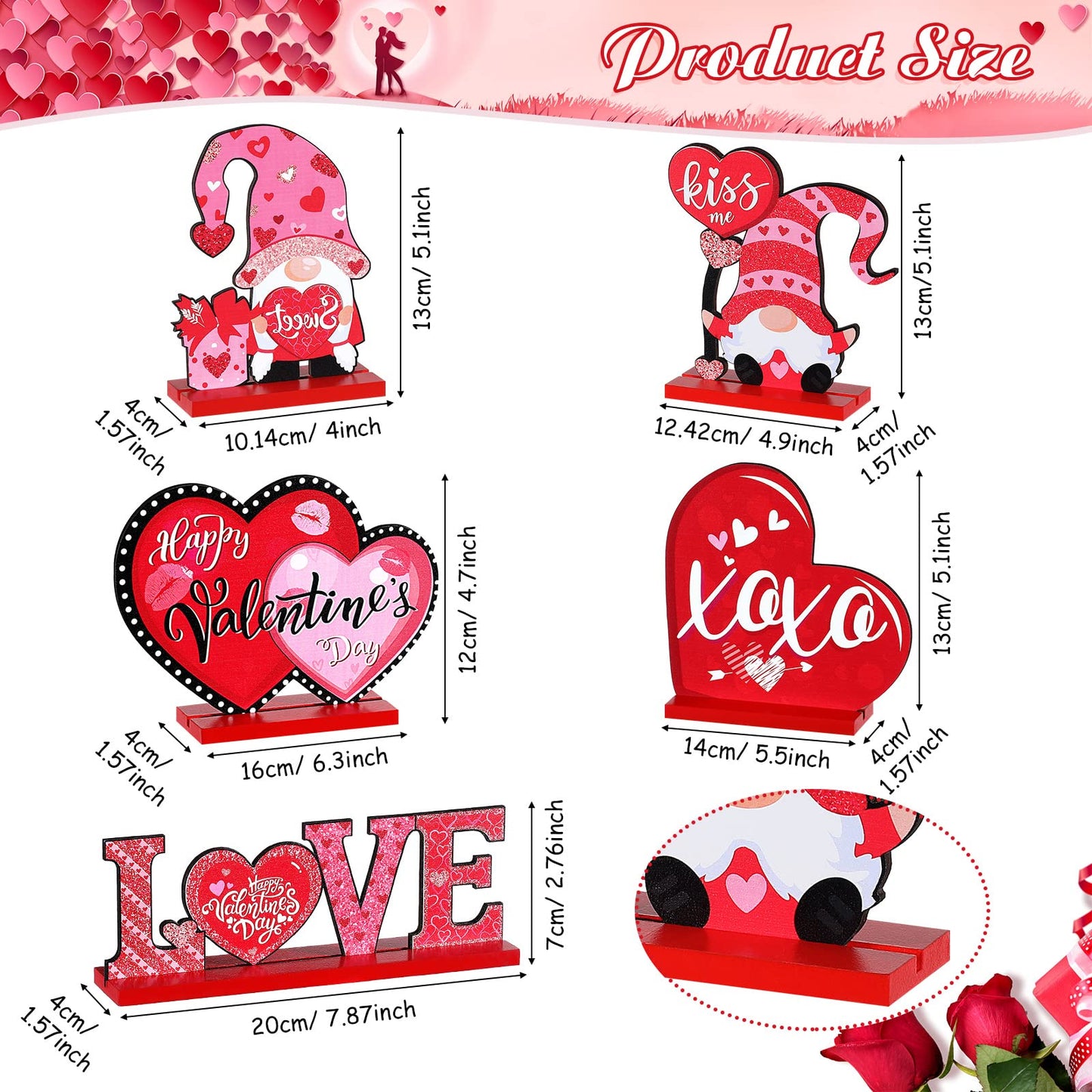 5 Pcs Valentine's Day Wooden Table Sign Decoration Freestanding Table Centerpiece Sign Romantic Love Heart Shape Home Decor Tiered Tray Wood Gnome Valentines Day Accessories(Red)
