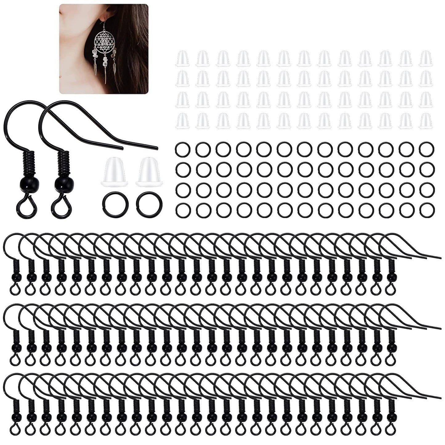 600Pcs Hypoallergenic Black Earring Hooks, Making Kit With Backs and Jump Rings for Jewelry Making Supplies (Black)