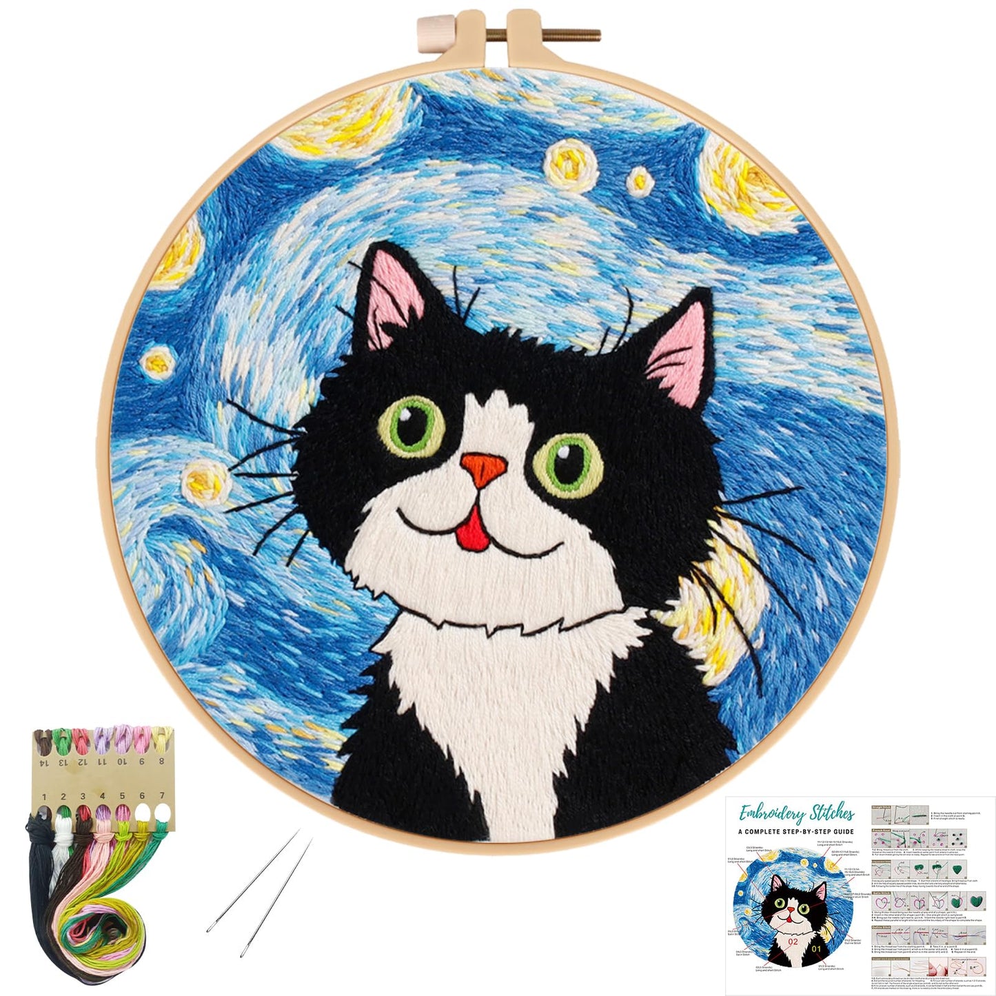 Louise Maelys Cat Starry Sky Embroidery Kits for Beginners with Floral Pattern,Adults Starter Cross Stitch Kit DIY Needlepoint