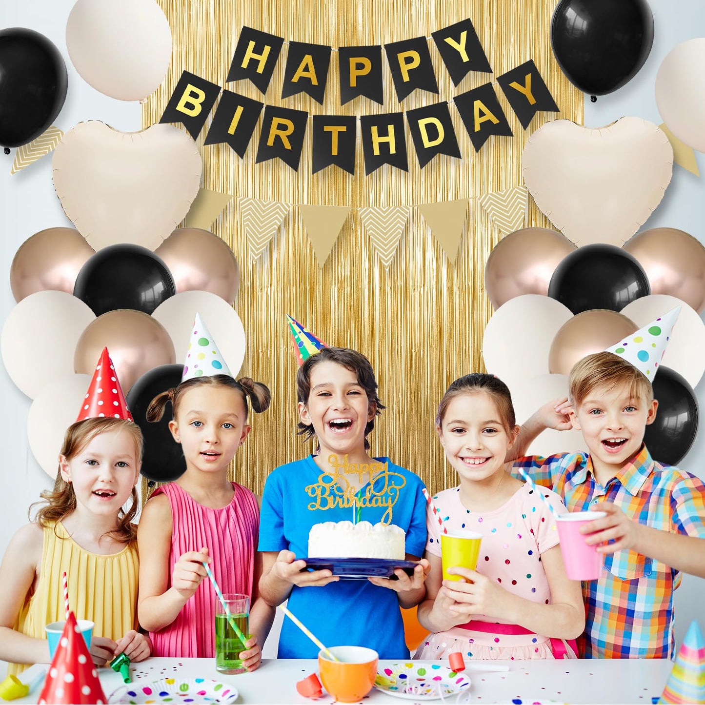 Black Gold Birthday Decorations,Party Decorations with Sand White Champagne Gold Balloon Heart Balloons Happy Birthday Banner Fringe Curtain for Women Men Boho Baby Shower Birthday Party Decor