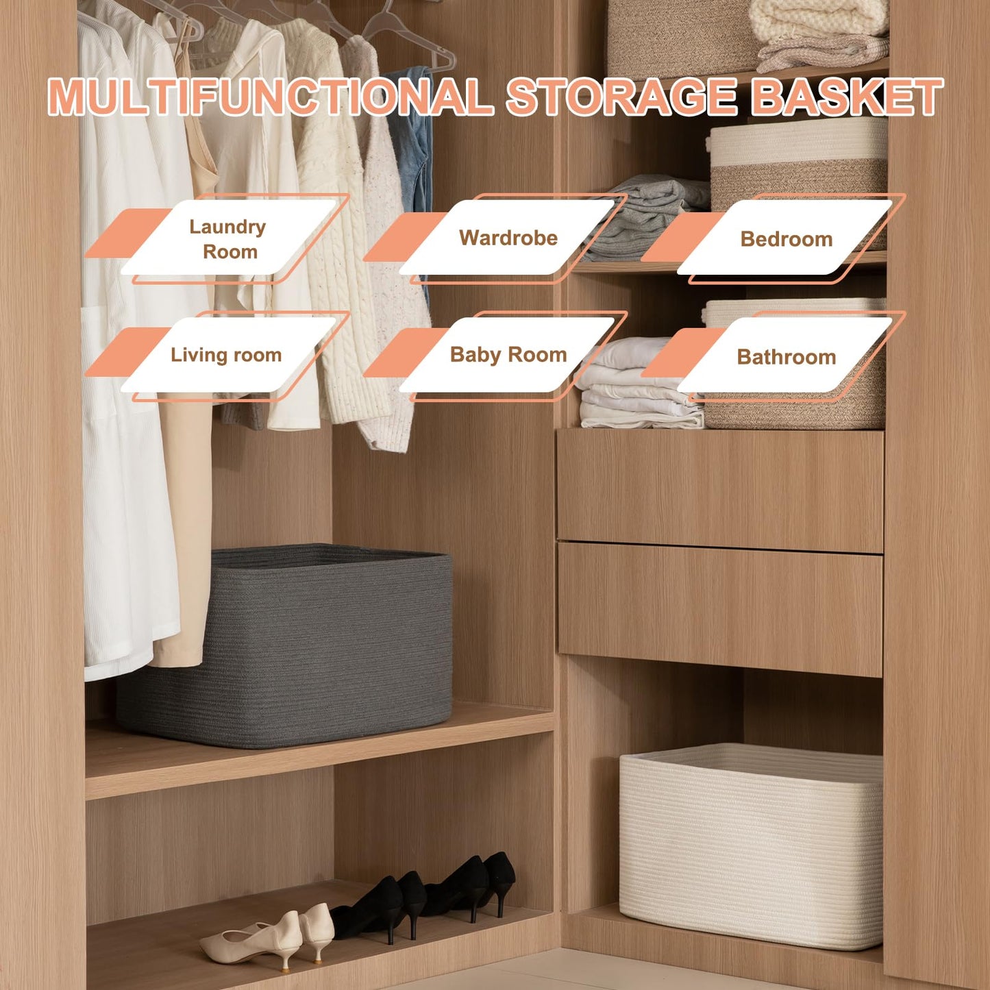 OIAHOMY Large Blanket Basket,Storage Basket with Handle, Blanket Basket for Living Room, Rectangle Woven Cotton Rope Basket for Bedroom, Toy Baskets Organizer Bins, 22" x 17" x 12" in, Dark Grey