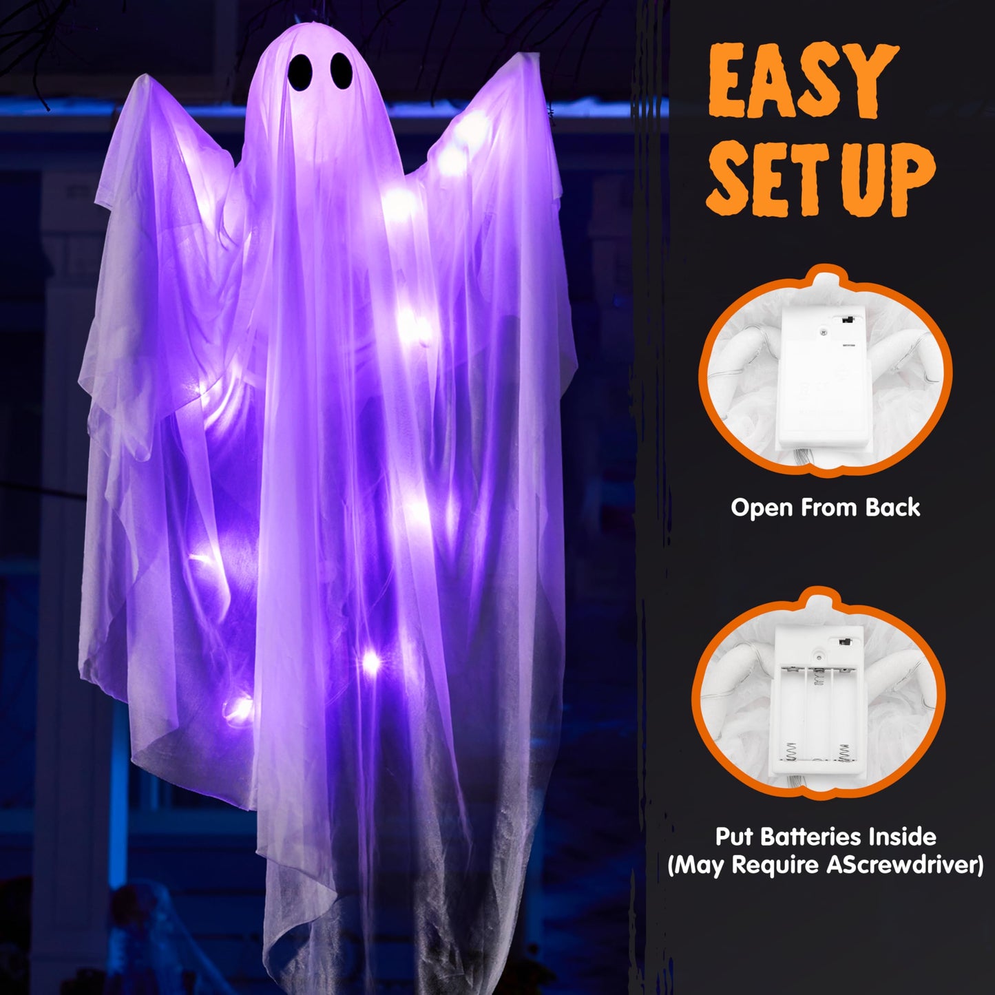 JOYIN 47” Halloween Hanging Light up Ghost Decoration Outdoor with Purple LED Light, 2 Pcs Halloween White Hanging Ghost for Haunted House Prop, Party Supplies, Front Yard Patio Garden Decor