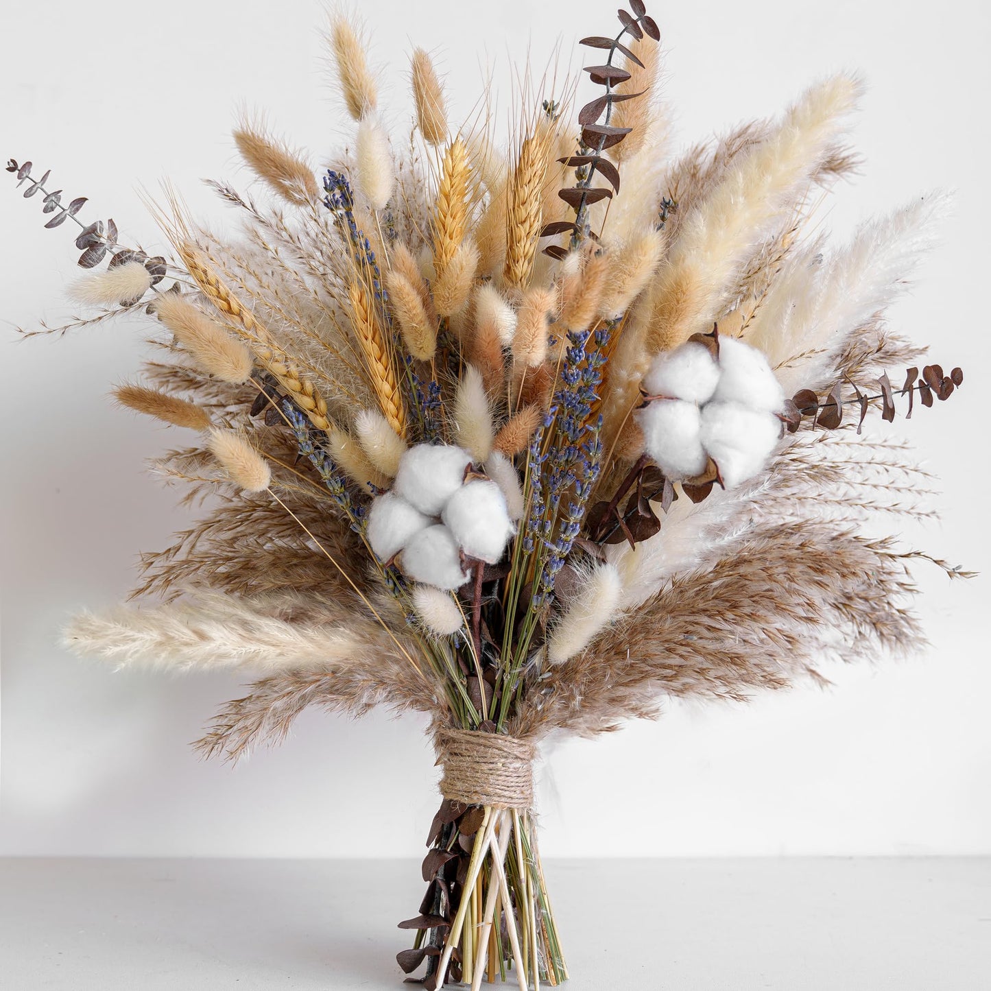 Natural Dried Flower Bouquet - Pampas Grass, Cotton Stems, Bunny Tails, Eucalyptus, Lavender & Wheat - Rustic Boho Decor for Home, Fall Decorations for Home, Wedding, or Gift