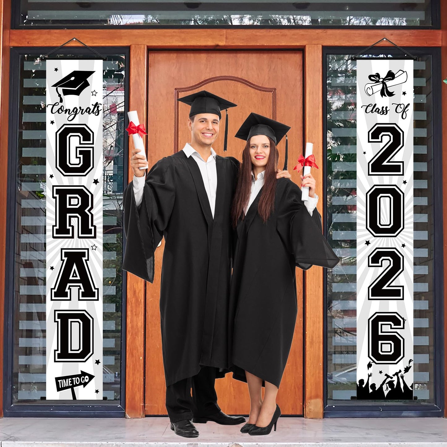 Graduation Banner 2026 Graduation Decorations Black and White Grad Banner Porch Sign Class of 2026 Door Decor Congrats Hanging Backdrop Black White Grad Party Decor for School Congratulations Supplies