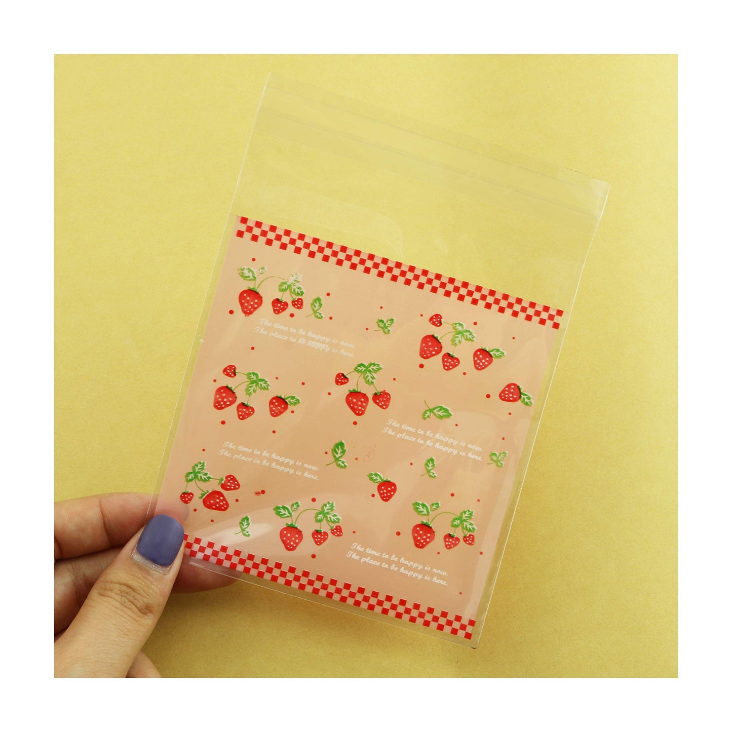 Tegg Cookies Bags 200PCS Self Adhesive Lovely Strawberry Plastic Cookies Pastries Candy Lolly Gift Bag For Birthday Party Wedding Party Halloween Christmas Day 3.9x3.9Inch