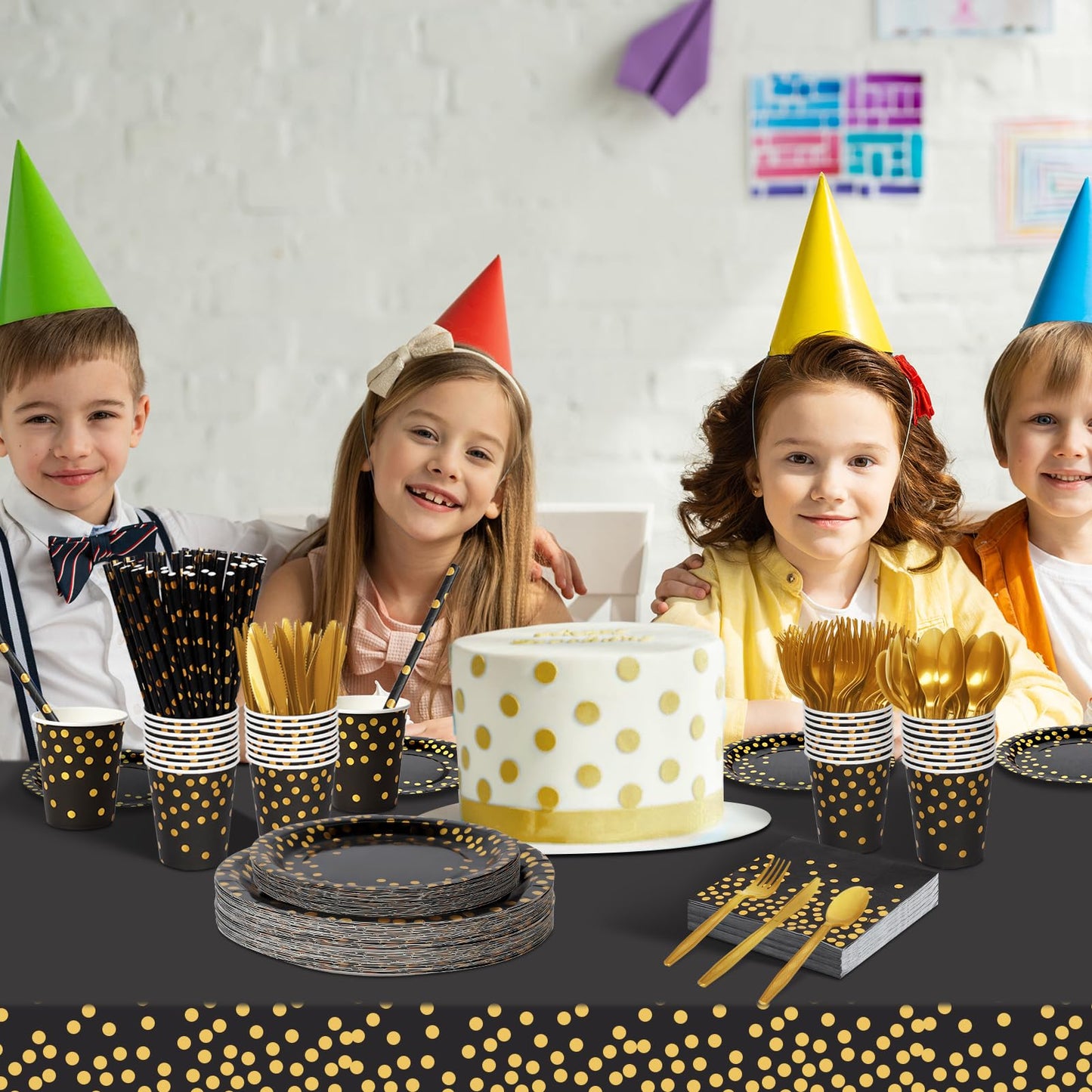 Nkaiso Paper Plates and Napkins Set, 193 Pieces Black Gold Party Supplies Includes Paper Plates Cups Napkins Straws and Cutlery for Birthday Wedding Holidays Parties Decorations-24 Guests