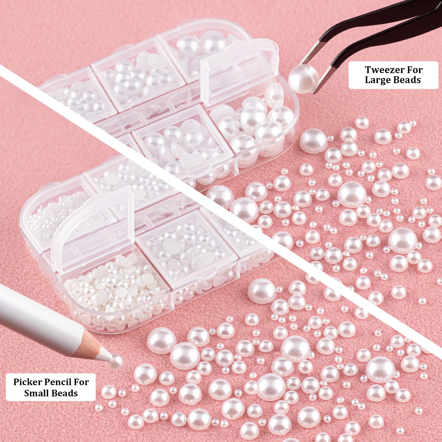 4000 PCS Half Round Pearls and Rhinestones, Flat Back White and Beige Half Pearls and Clear+AB Round Crystal Gem Kit with Tweezer and Pickup Pencil for Nail Art and DIY Decoration