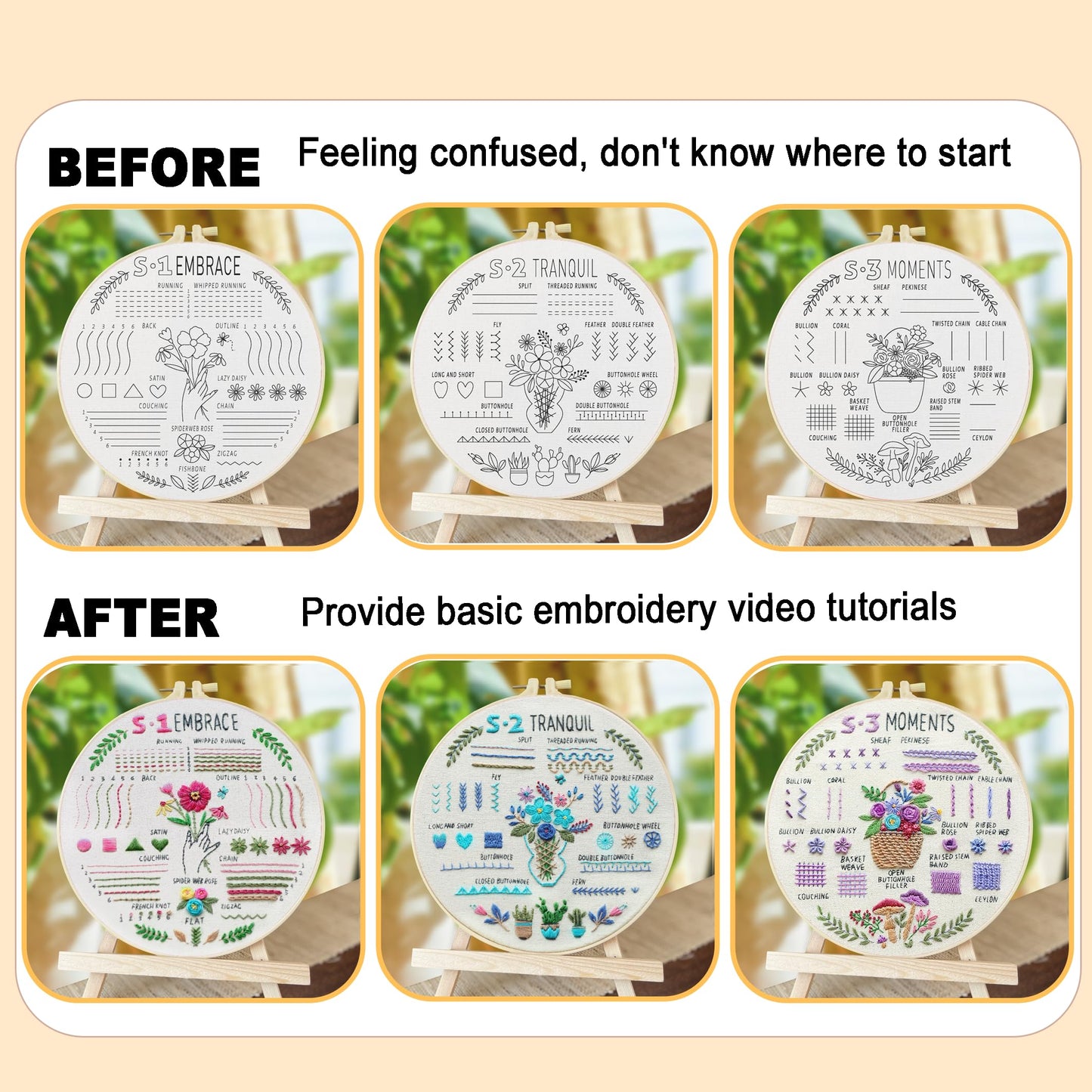 3 Sets Embroidery Kit for Beginners, 37 Embroidery Stitch Kits Adults Beginner with Embroidery Patterns, Punch Needle Point Kits Adults Including Embroidery Supplies and Instruction Video