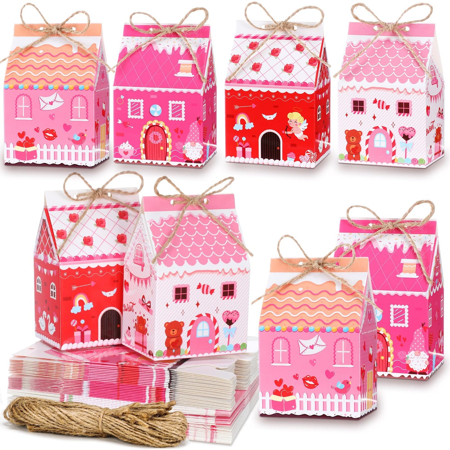 48 Pcs Valentine's Day Treat Boxes Candy Mini Red Pink Heart House Favor Box Valentine's Day Party Paperboard Gift Boxes for Holiday Party Treat Cookie Goodie Snack Gift Packaging